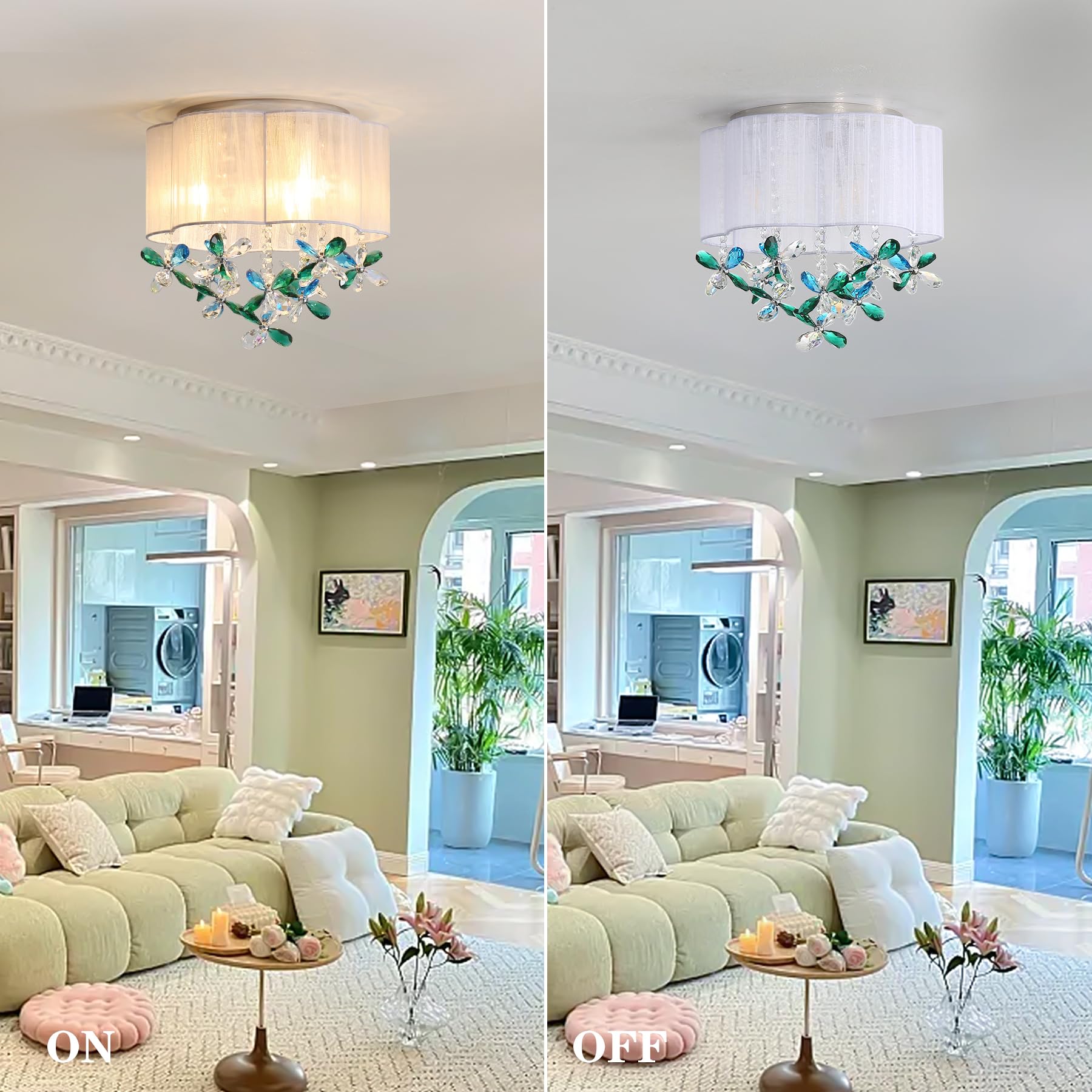 3 Light Mini Chandelier Bedroom Ceiling Light 13'' Small Crystal Chandelier Farmhouse Flush Mount Light With Handmade Flower Lam