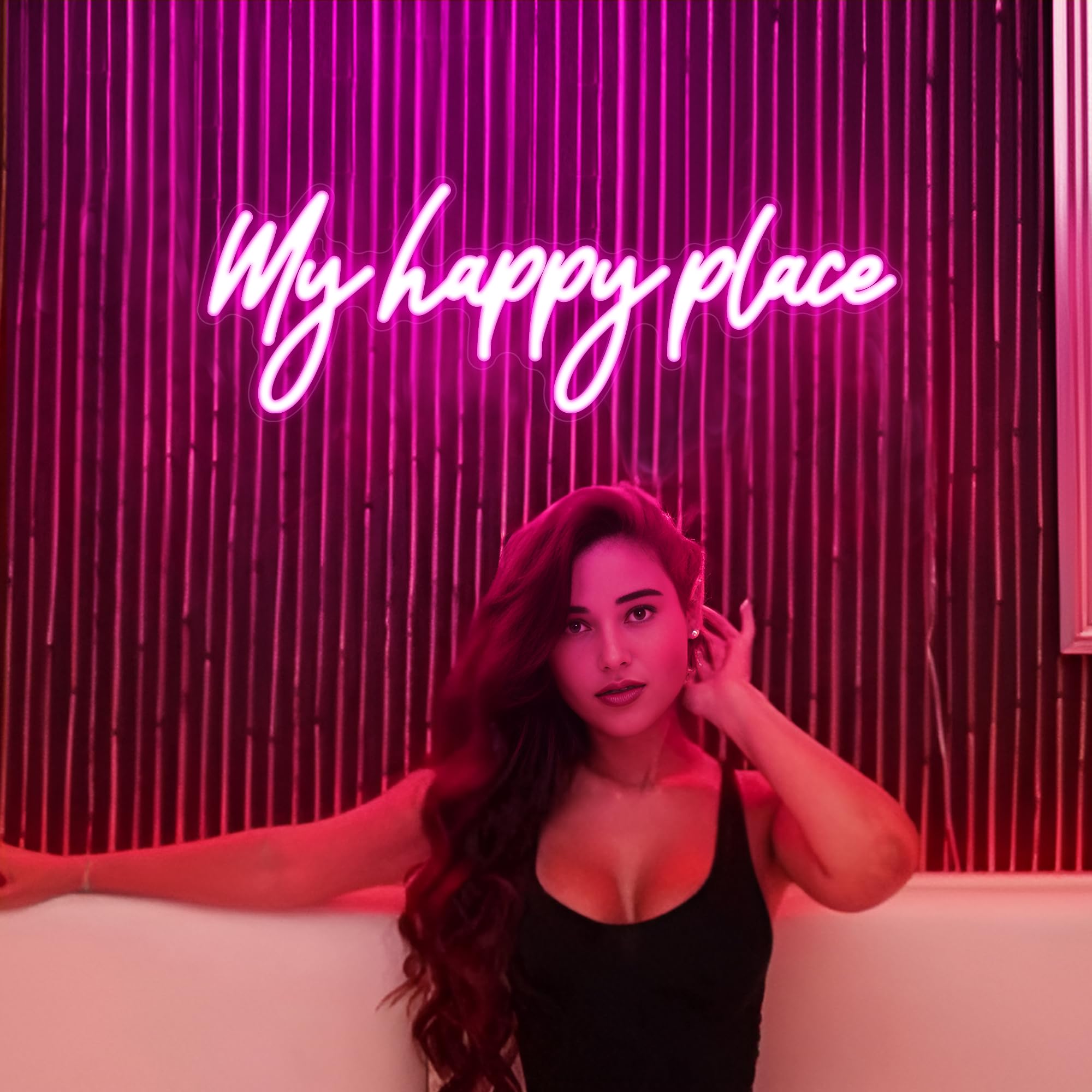 Kavaas Neon Sign - My Happy Place LED Wall Decor, 16.9inx5.9in, Pink Plastic Light Up Sign for Bedroom, Bar, Office, Dorms