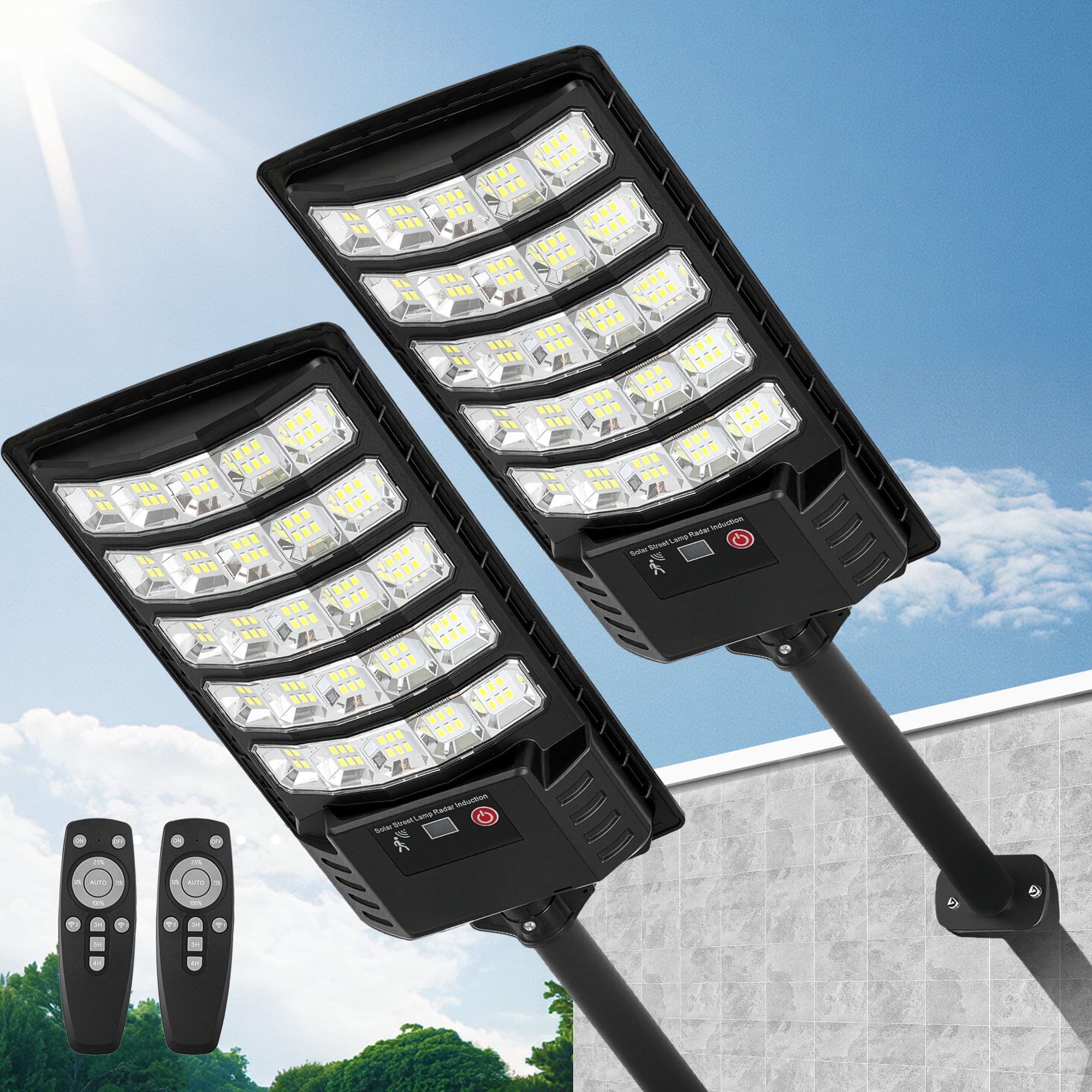 FOWSEEK Solar Street Lights Outdoor Waterproof, 2 Pack High Lumen Solar Outdoor Flood Lights with Motion Sensor, Lamparas Luces