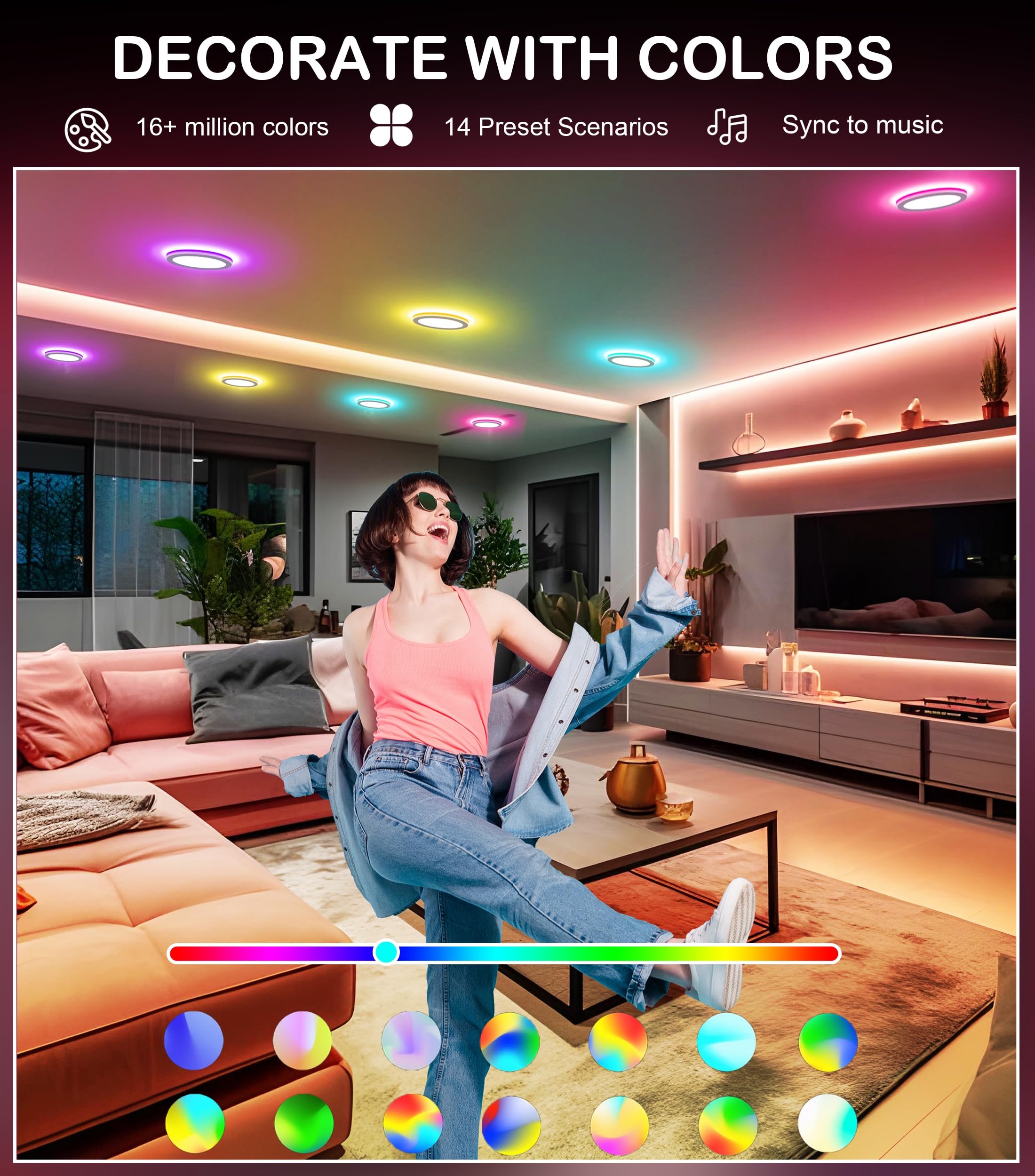 Cloudy Bay [6 Pack] 4 Inch Smart Led Recessed Ceiling Light With Rgb Back Light,Hub Included,10W 2700K-6500K,2W Color Changing Ultra-Thin Recessed Lighting, Baffle Trim Wafer Downlight, Hub Included