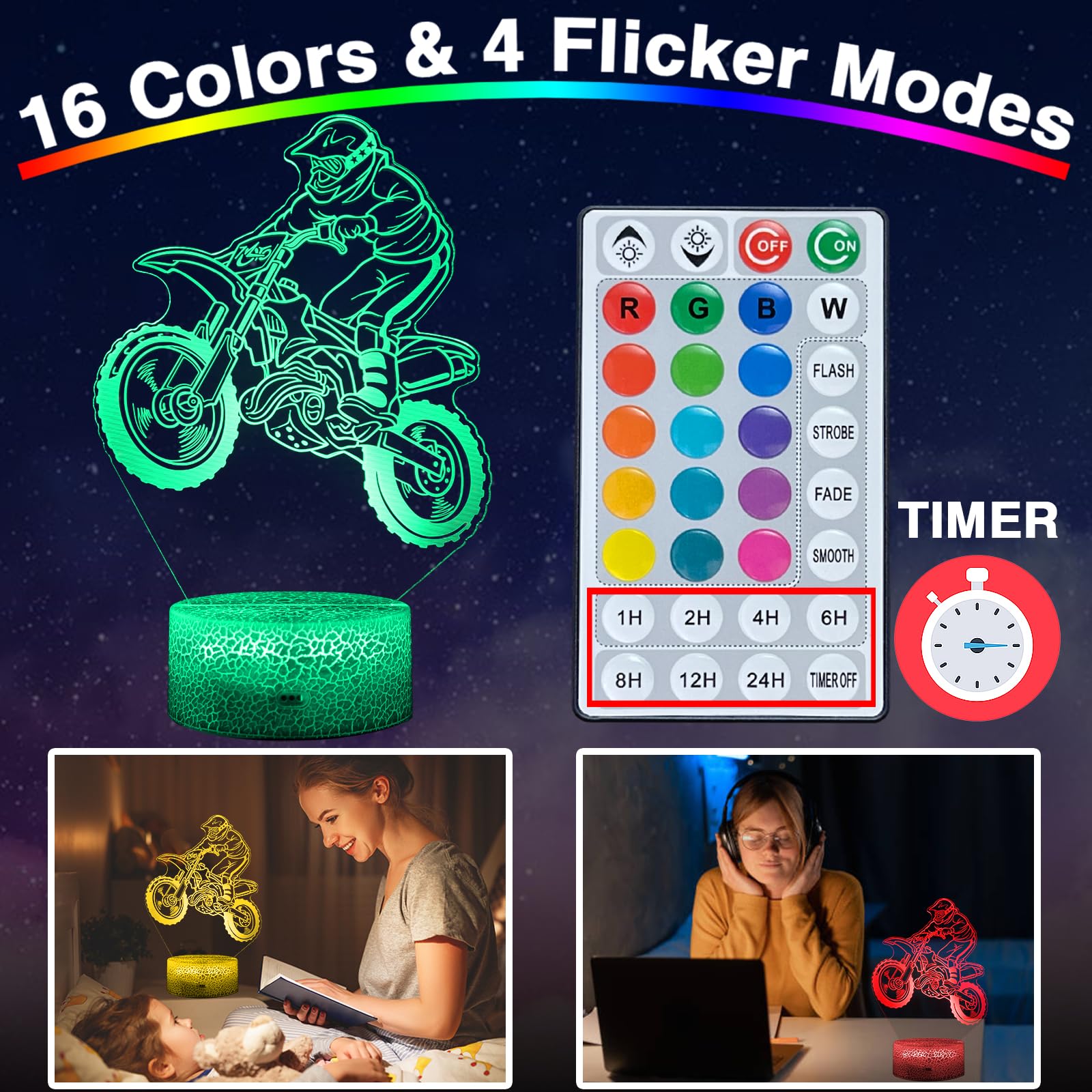 DAHEYMA Dirt Bike Night Light, 16 Colors LED, Touch & Remote Control, Dimmable, Model DHMDIRTB, Multicolor
