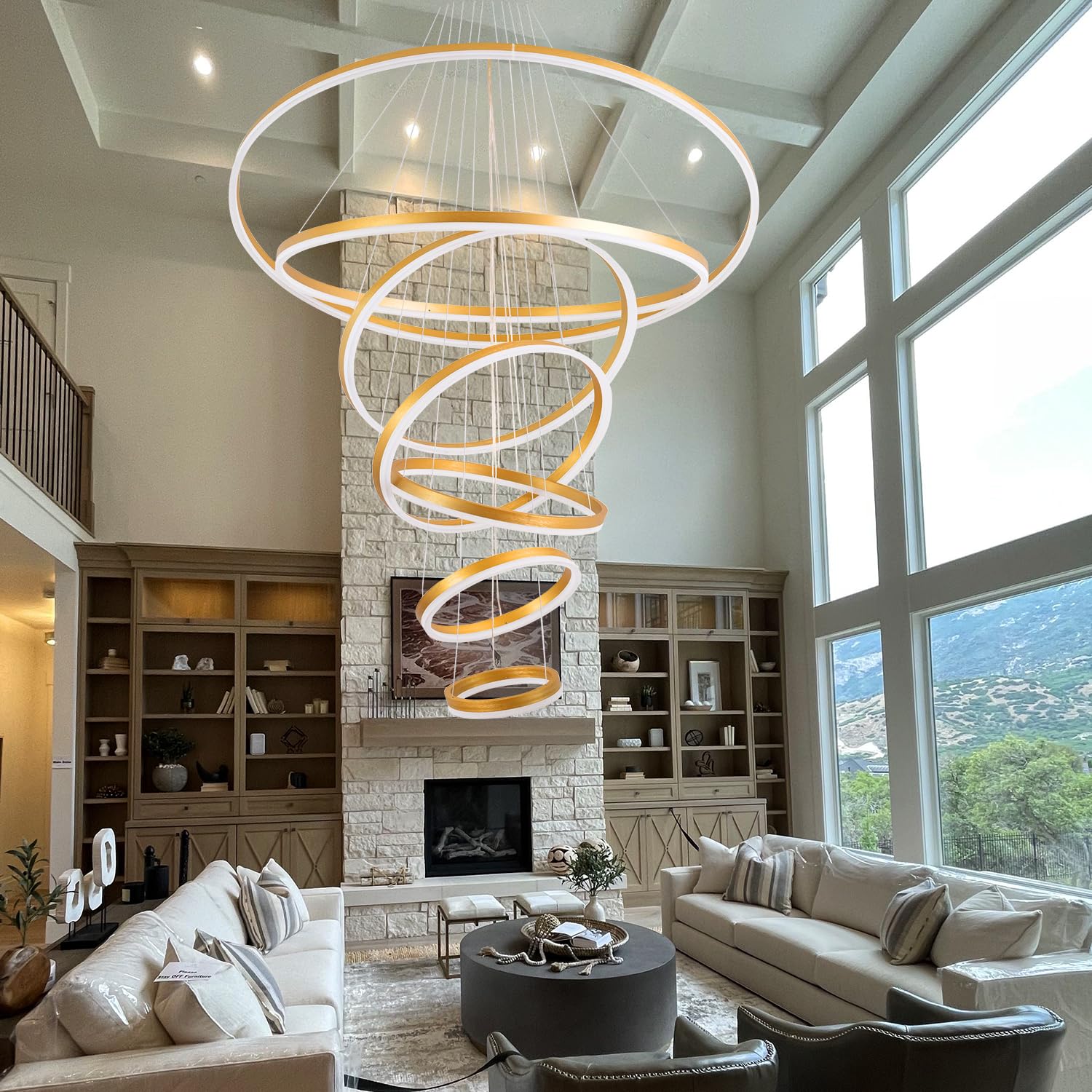 EMBRING 39.37" 7-Ring Gold Dimmable Chandelier Light Fixture, Modern Aluminum Design for High Ceilings, Remote Color Changing