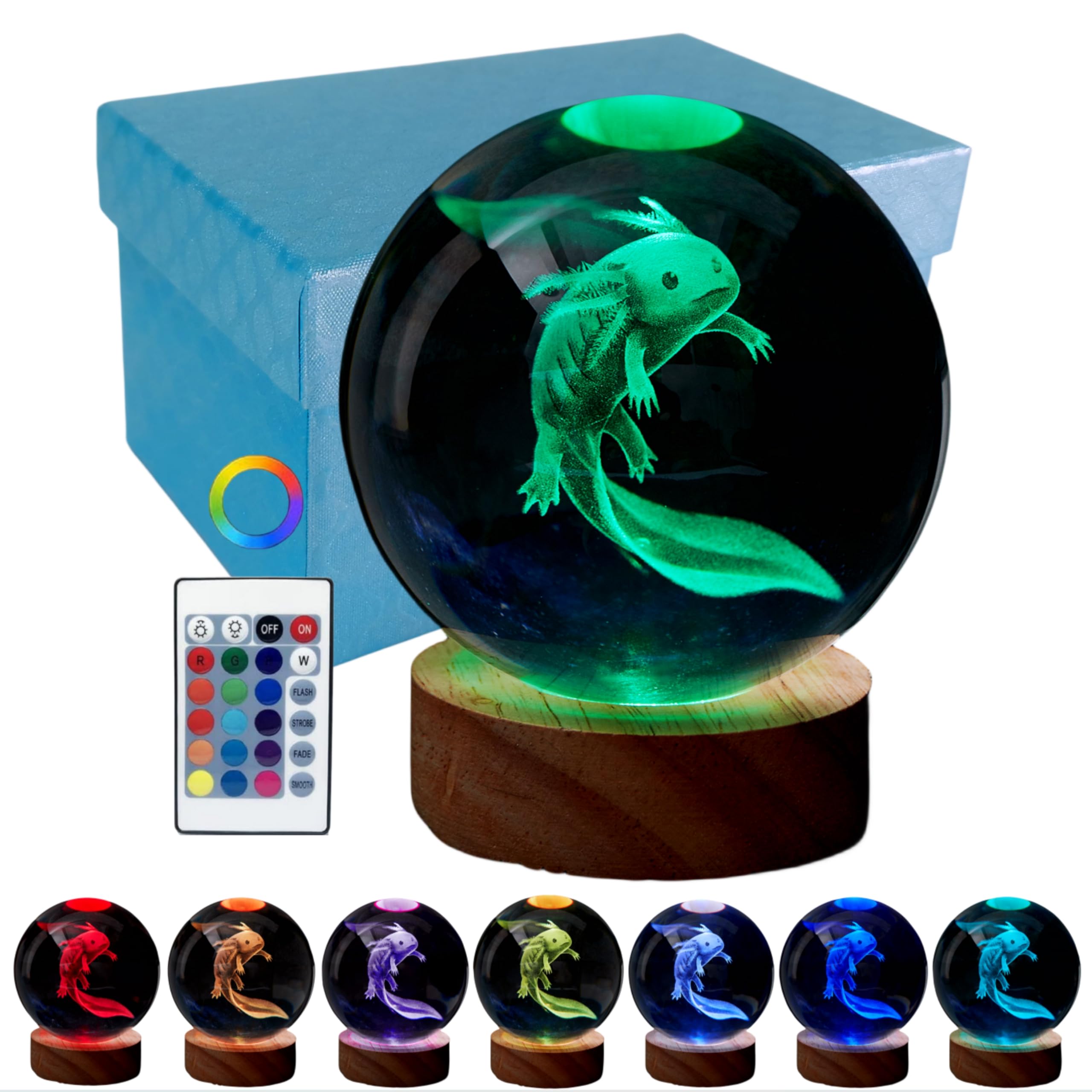 3D Axolotl Crystal Ball Lamp, Upgraded 3.15 Inch Axolotl Crystal Ball Night Light With 16 Colors Led Wooden Base, Remote Control, Gift Box Packaging, Home Decor Gift For Friends (Axolotl D)