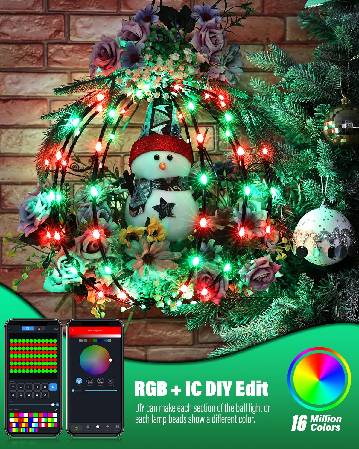Flacchi Smart RGB Outdoor Hanging Ball Lights - 11.8" 108LED Waterproof Globe Fairy Lights, Bluetooth App Control, 1 Pack