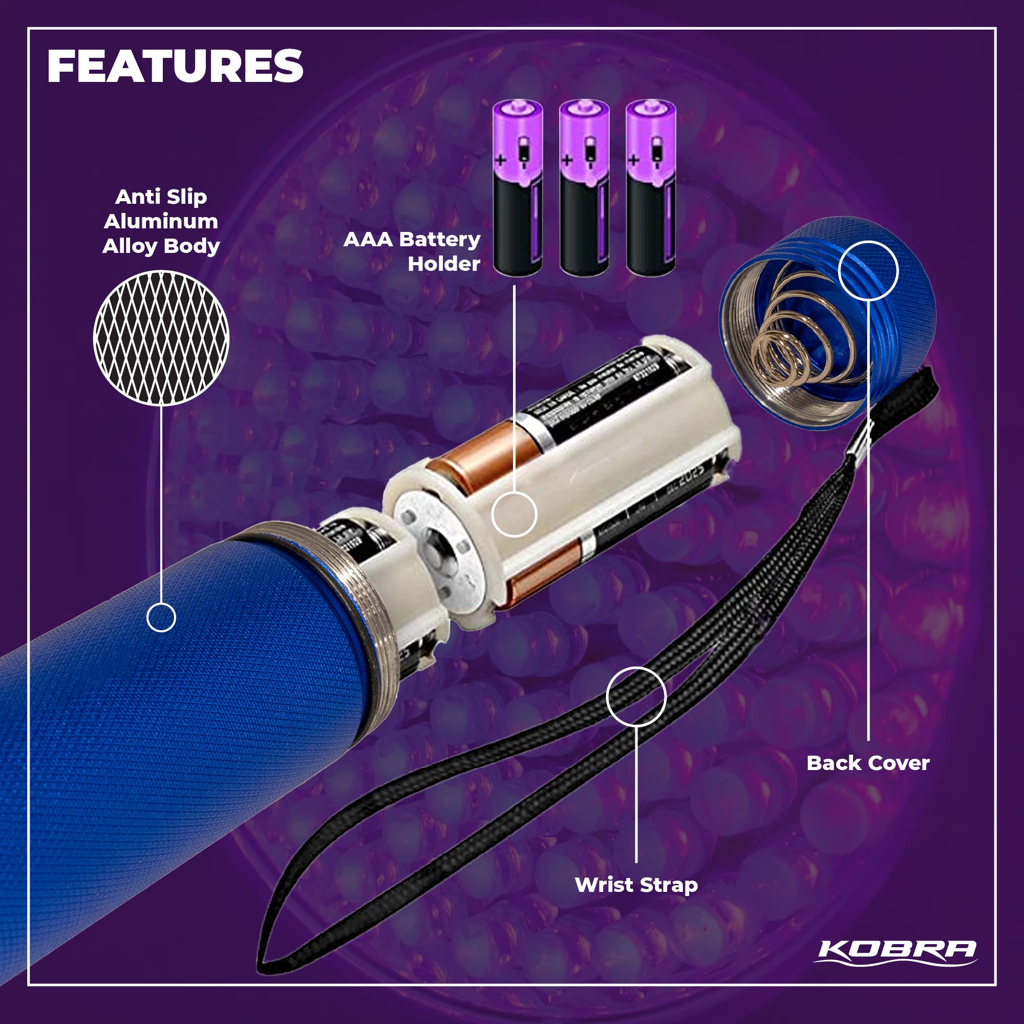KOBRA Black Light Flashlight 100 LED - Ultra Intensity 18W, 385-395nm, Blue, Model BLFL-PRNT