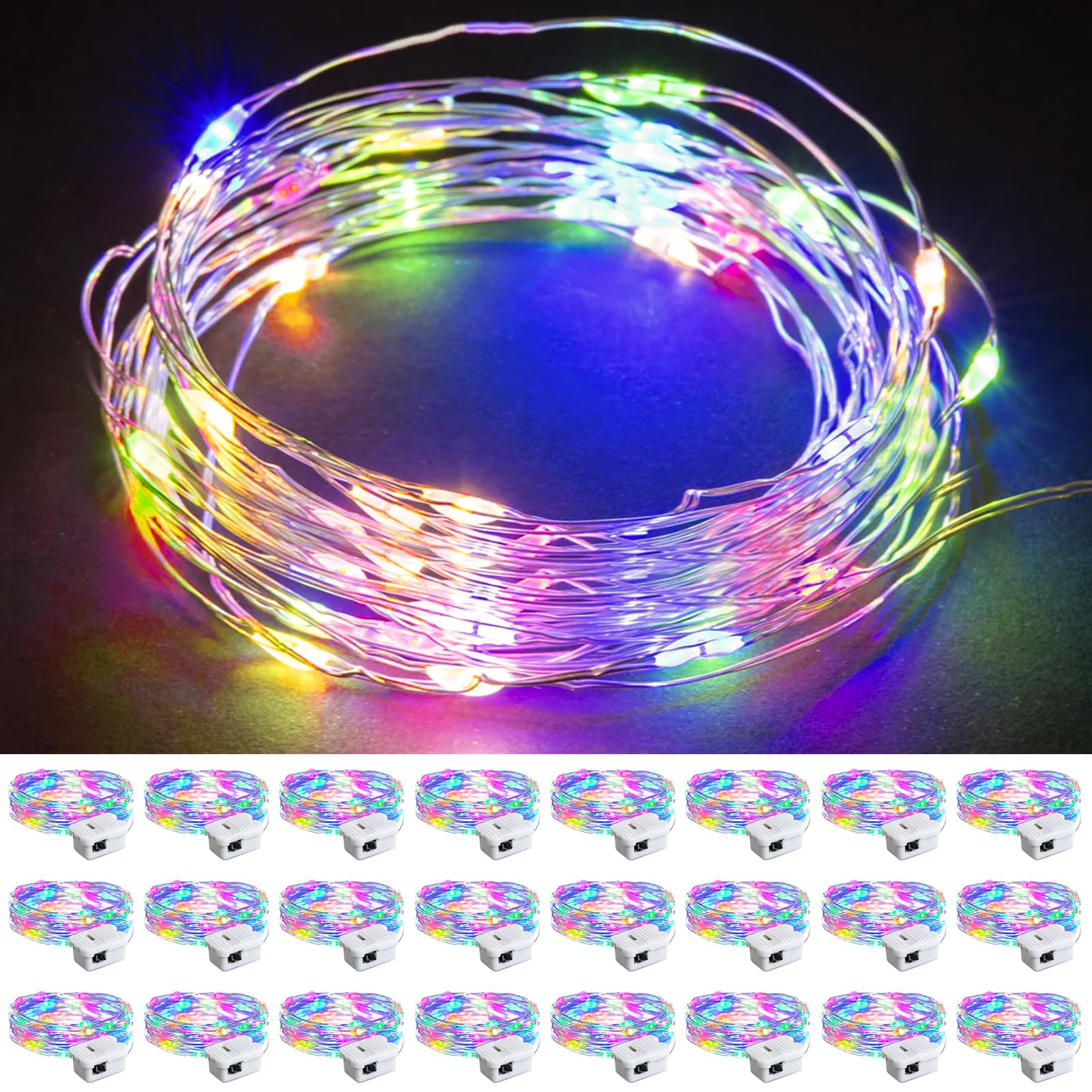 chzk 24 Pack Multicolor Fairy Lights, 7ft 20 LED Mini String Twinkle Lights, Battery Operated, Model D11-BKDC