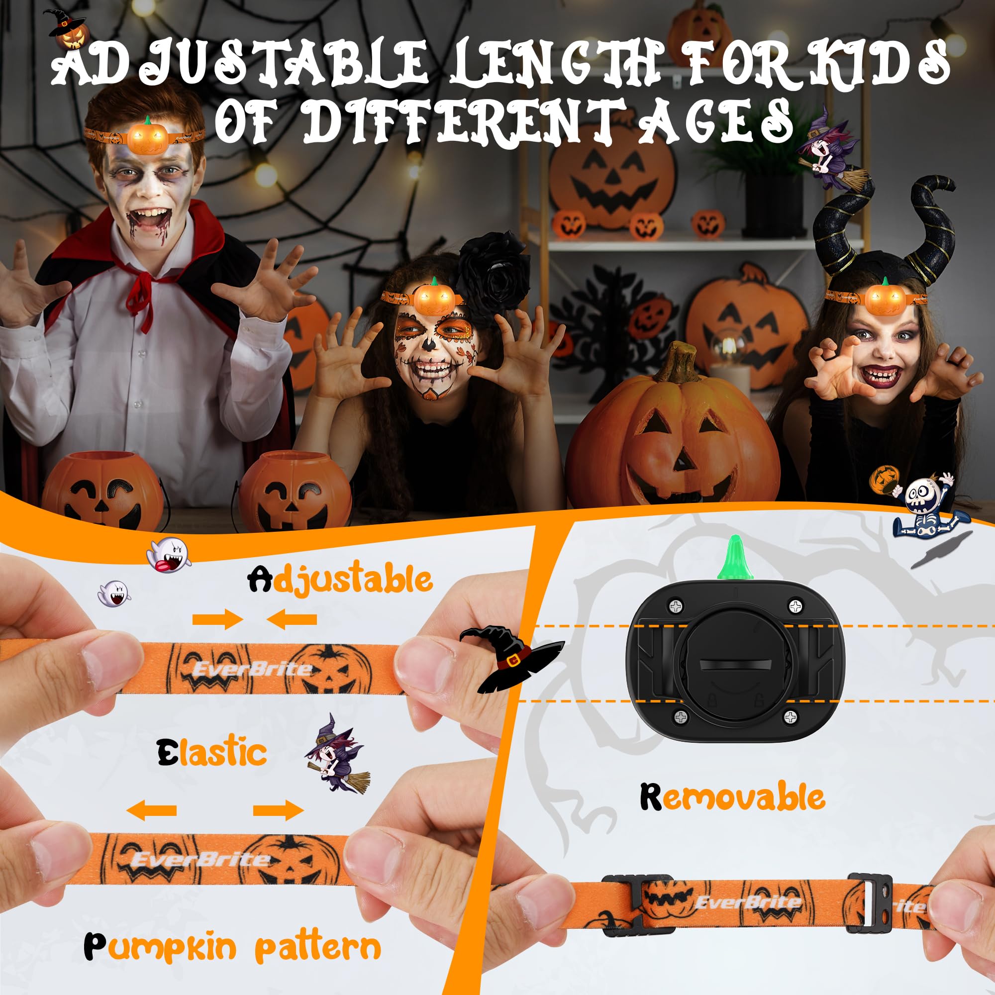 Everbrite Halloween Pumpkin Headlamp 5 Pack  2 Modes Led Head Lamp Adjustable Headband  Pumpkin Lights Party Favors  Orange Spot & Strobe Lights Halloween Gifts
