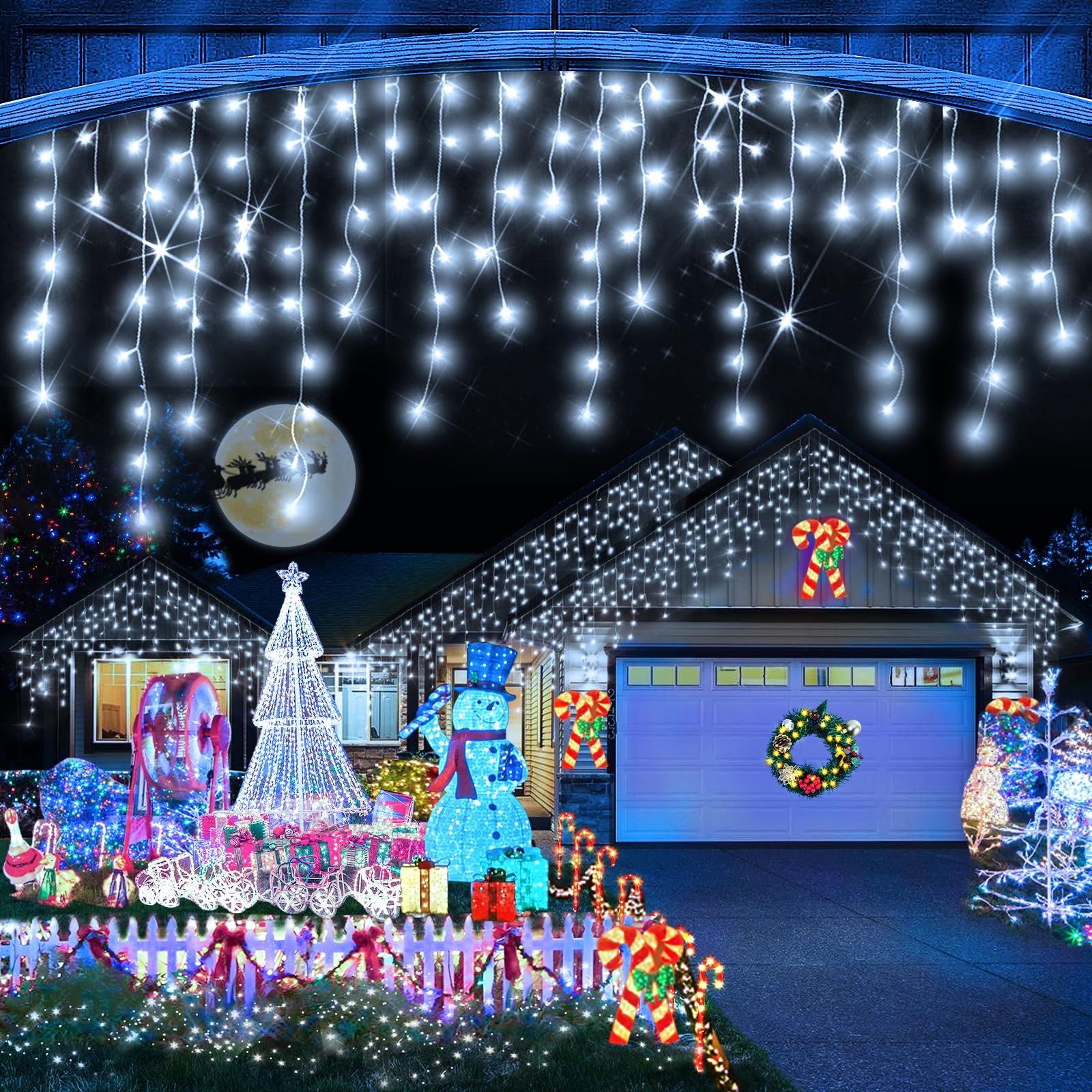 Heceltt Christmas Lights Outdoor 131FT 1280 LED Cool White IP44 Waterproof with 240 Drops, 8 Modes Timer Memory Function