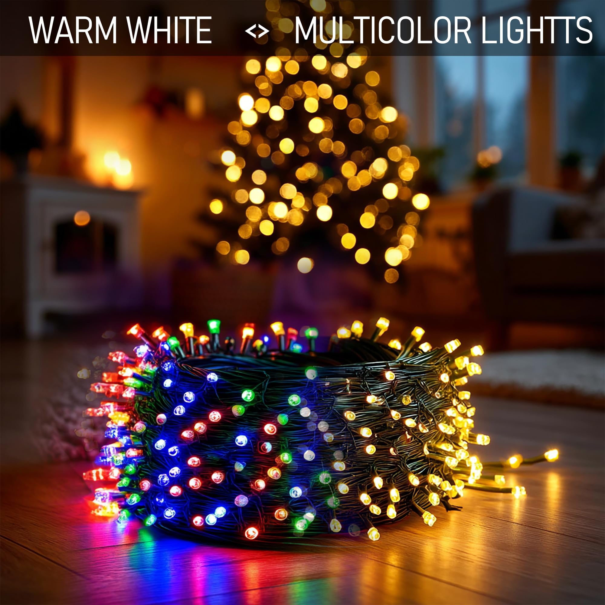 Dazzle Bright Color Changing Christmas Lights, 164FT 500LED, Warm White & Multi-Colored, Waterproof with Remote, 11 Modes