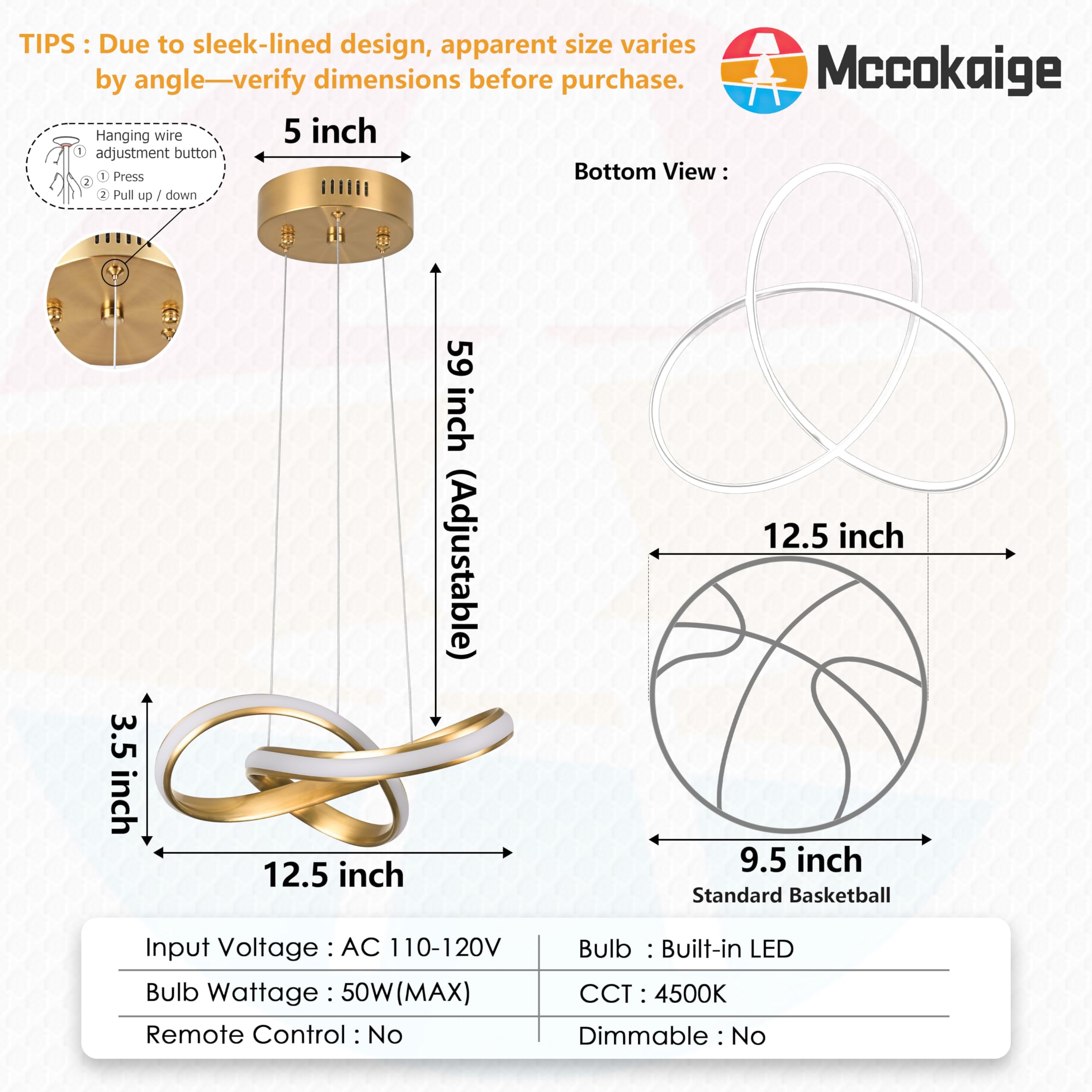 Mccokaige Modern LED Chandelier, Gold Metal Pendant Light, 12.5" Height Adjustable, SYC-22-J for Kitchen Island or Hallway