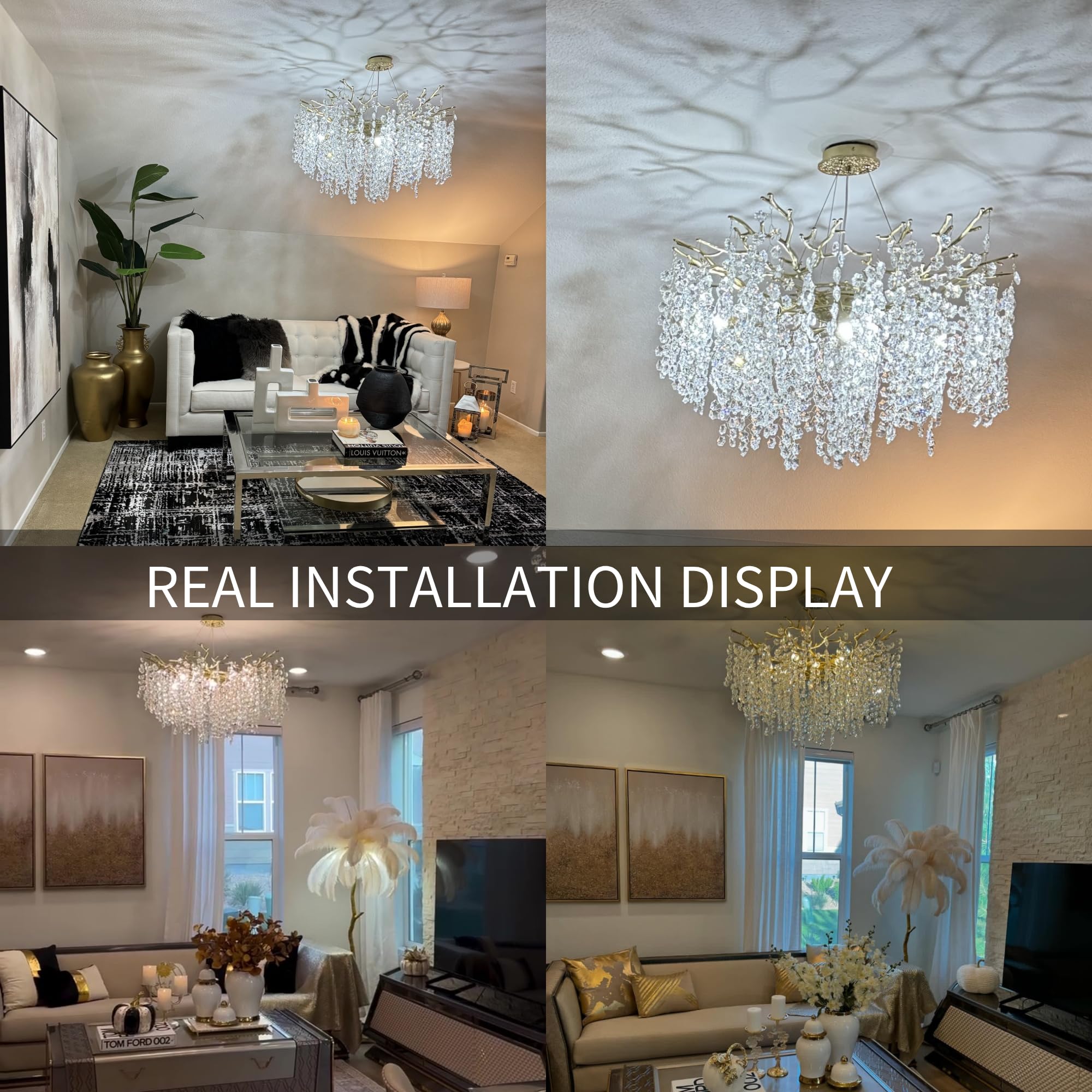Modern Gold Crystal Chandelier For Dining Room, Tree Branches Chandelier For Living Room Bedroom Bathroom Kitchen Foyer, 30'' Ro