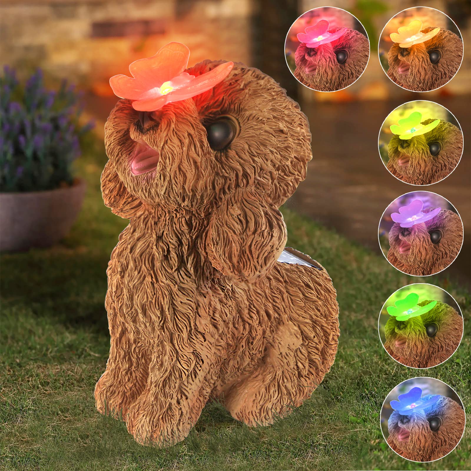 Paluqiya Dog Statues Outdoor Decor - Solar Resin Dog Ornaments For Garden, Patio, Lawn - Teddy Color, Ideal Housewarming Gift