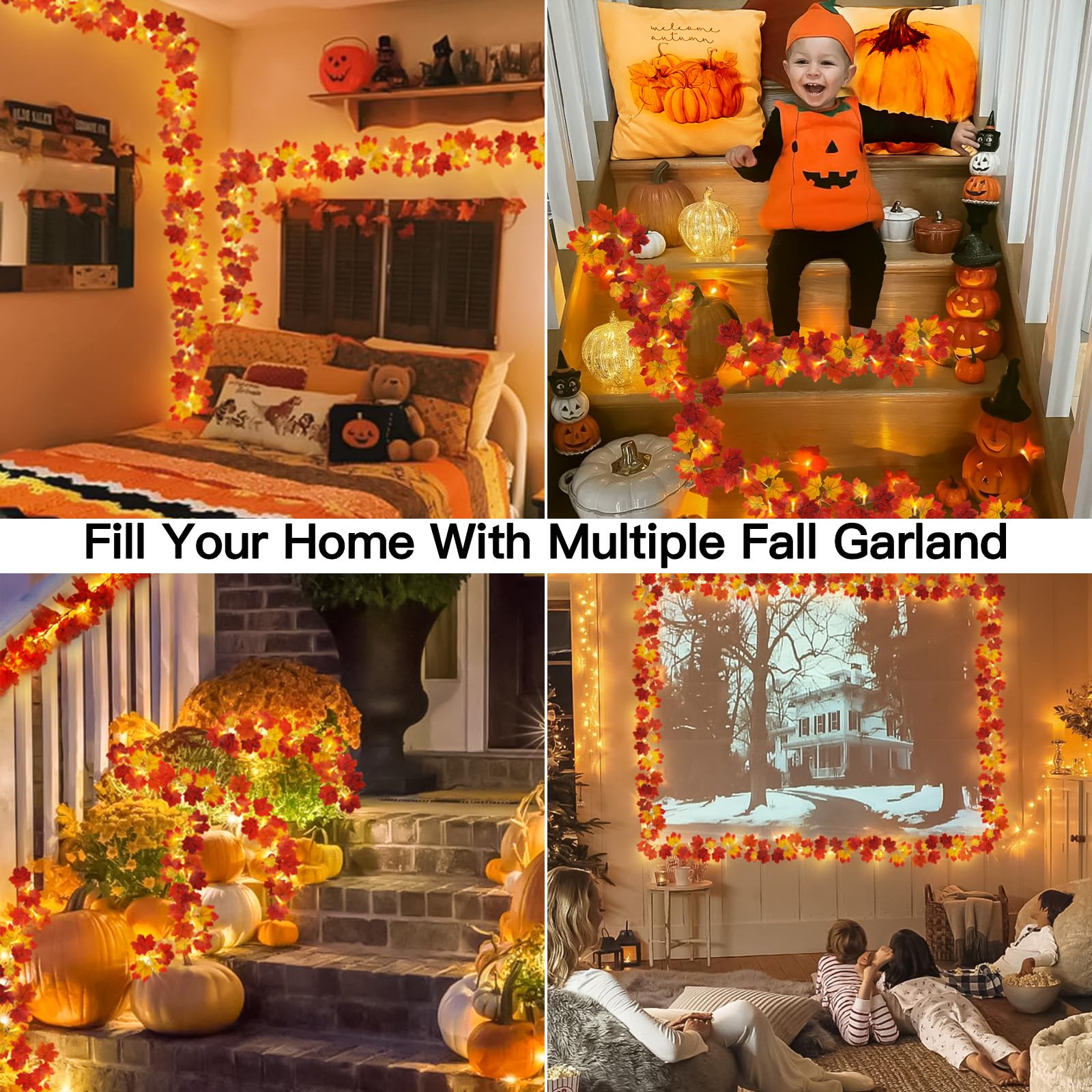 Suddus Fall Garland With Lights Battery Operated, 6.56Ft 20 Led Lighted Orange Fall Leaf Garland, Fairy String Lights For Thanksgiving Decor, Table, Mantle, Office, Porch, Halloween, Home Decoration