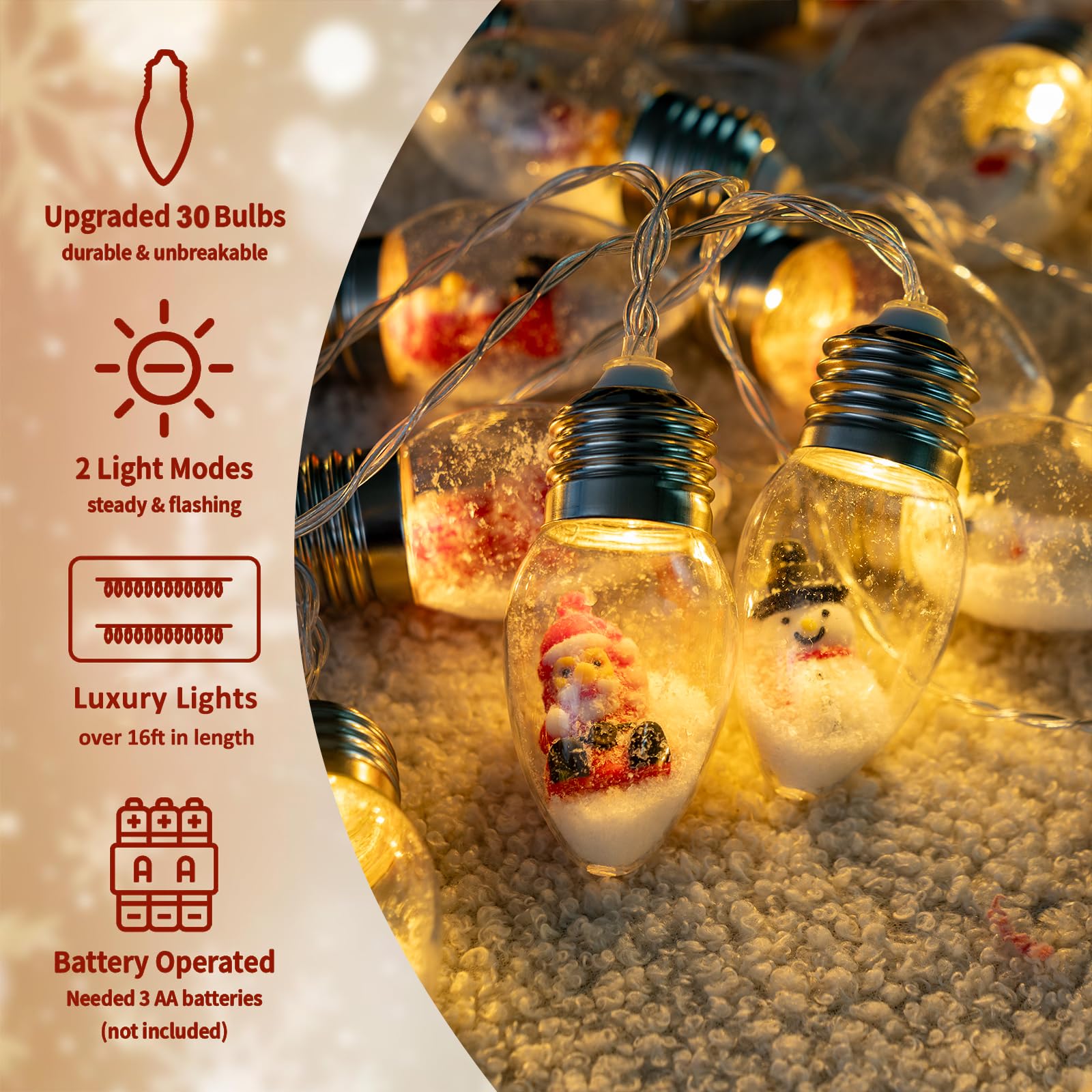 16.6Ft Vintage Christmas Lights For Indoor Bedroom Decorations - 30 Led Globe Bulbs String Light With Snow & Cute Ornaments For Home Patio Decor Fireplace Xmas Tree Decoration