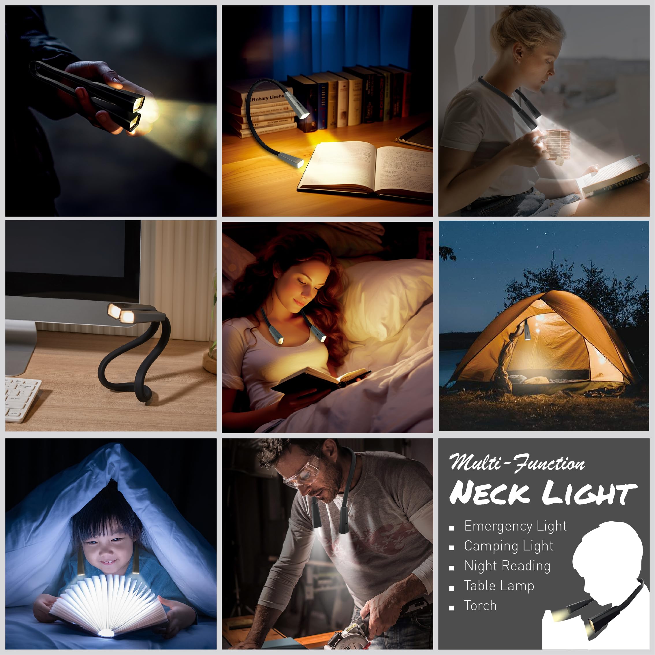 Radixium Led Neck Reading Rechargeable Light, Multi-Function Book Light For Reading In Bed And Camping, 4 Brightness Levels, Ben