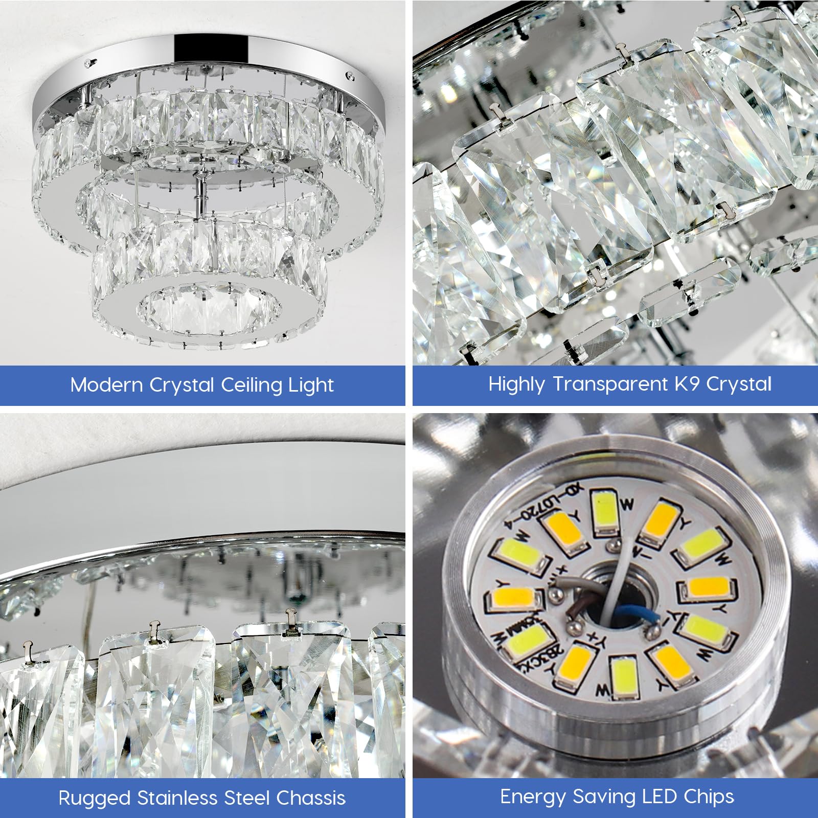 LEONTYNE 12 Inch Mini Chandelier LED Crystal Ceiling Light, Modern Flush Mount, Polished Stainless Steel, Round-Cool, Model MC006-Cool-New