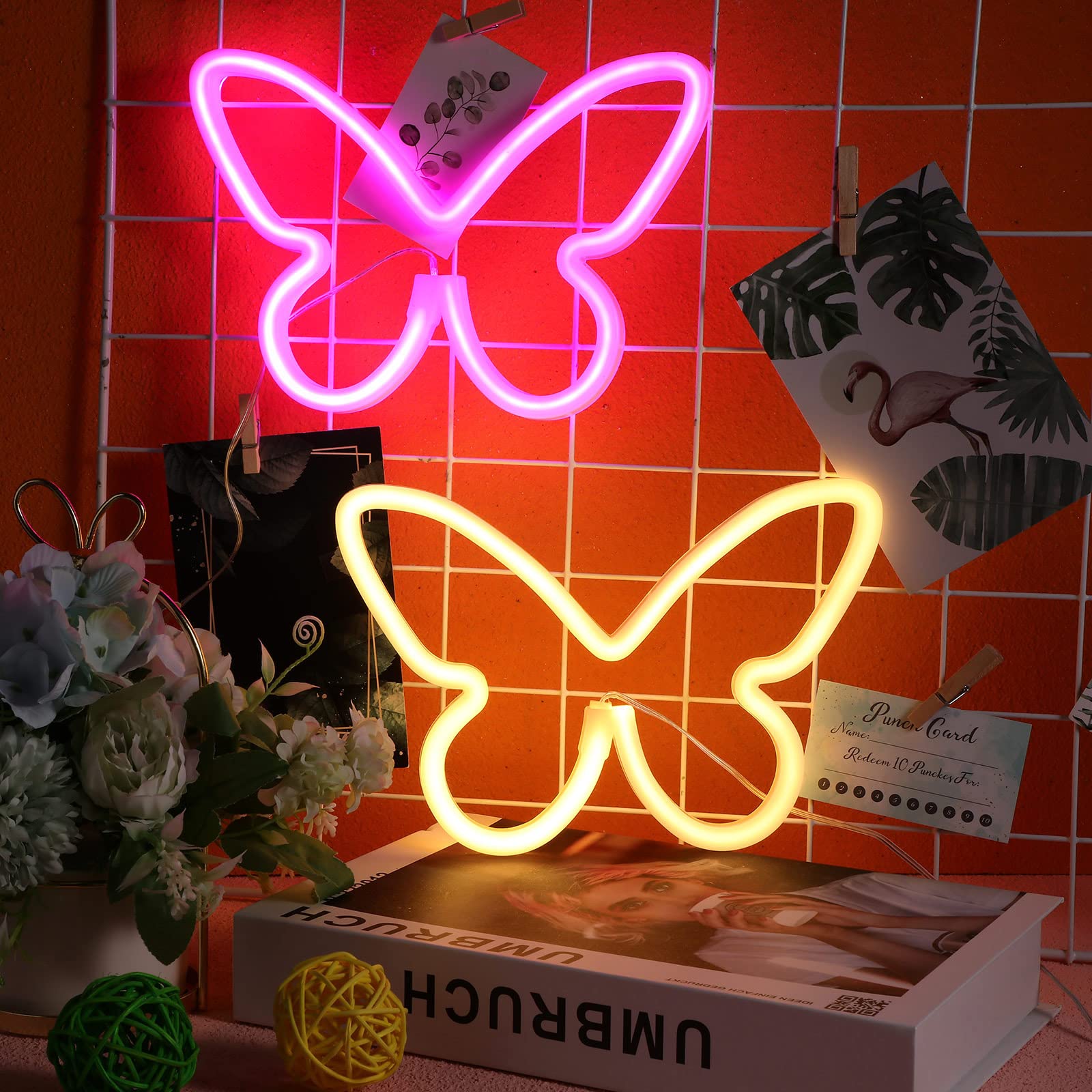 Riakrum LED Butterfly Neon Light Decor - 2 Pcs - USB & Battery Powered - Pink & Warm White - Model Riakrum-Signs Butterfly LED Light-026