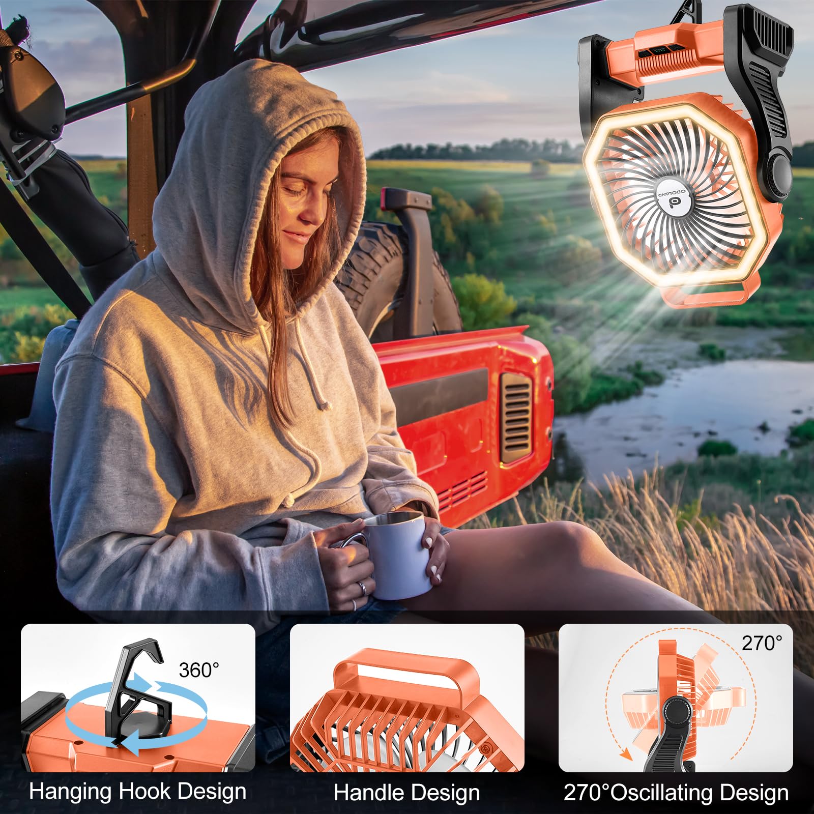 Odoland Rechargeable Camping Fan with 20000mAh Battery, LED Lantern, Portable Design, Orange, Model OD0729E