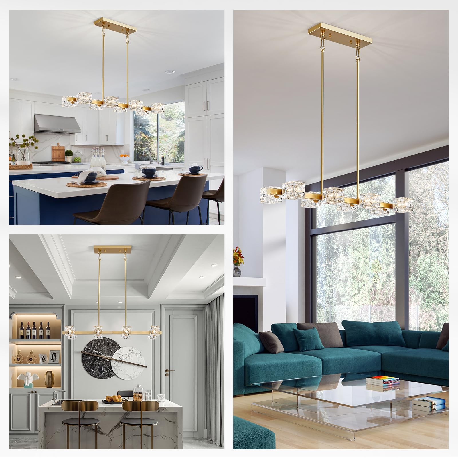 Xingqi Rectangular Chandelier For Dining Room Light Fixture 8-Light Gold Sputnik Chandelier Kitchen Island Pendant Metal Industr