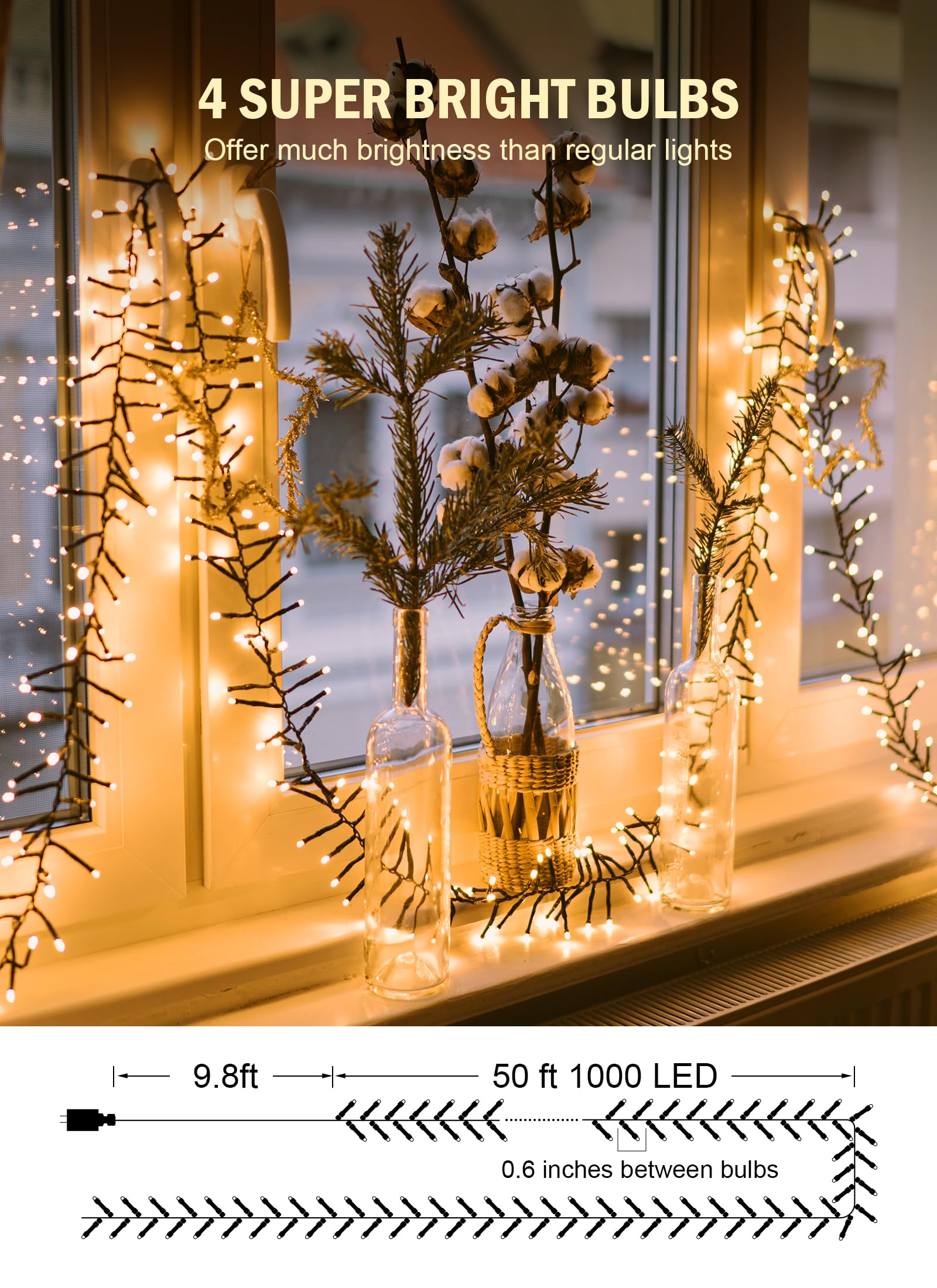 Christmas Lights Outdoor Cluster Lights - 1000Leds 50Ft 4X Bright 8 Modes Timer Remote, Waterproof Plug In Fairy String Lights, Christmas Tree Lights For Garland Window Xmas Decorations, Warm White