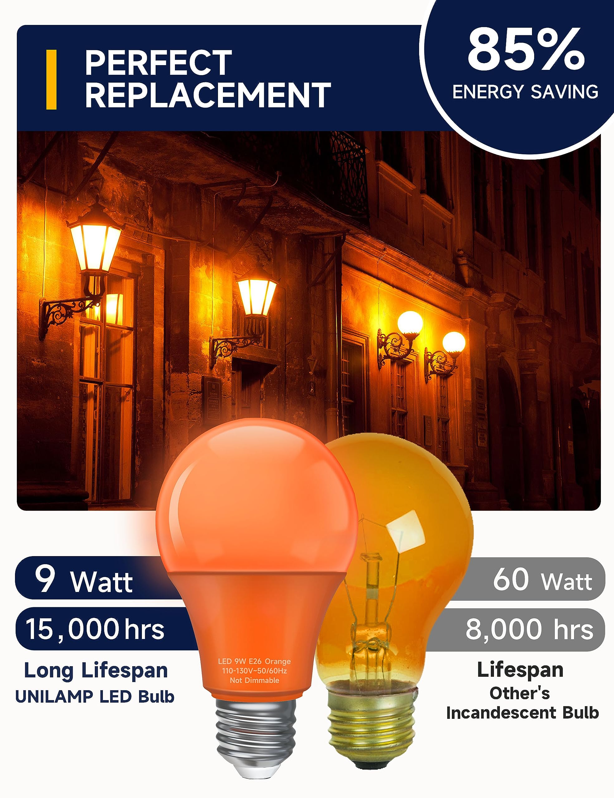 UNILAMP A19 LED Orange Light Bulb, 9W Equivalent, E26 Base, Non-Dimmable, 4 Pack, Holiday Lighting, Model 120VA19OOW9E