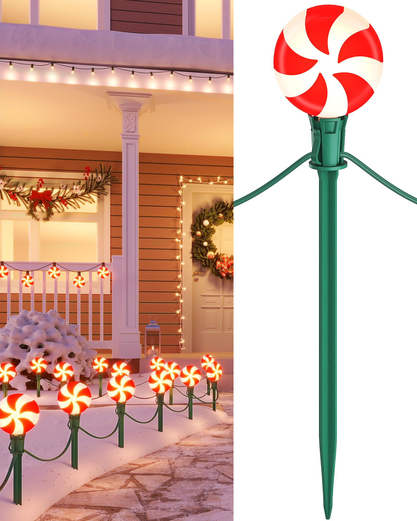 SURAIELEC Christmas Lollipop Pathway Lights Outdoor, 25FT Set of 20 LED Peppermint Candy Lights with Stakes, Connectable Waterpr