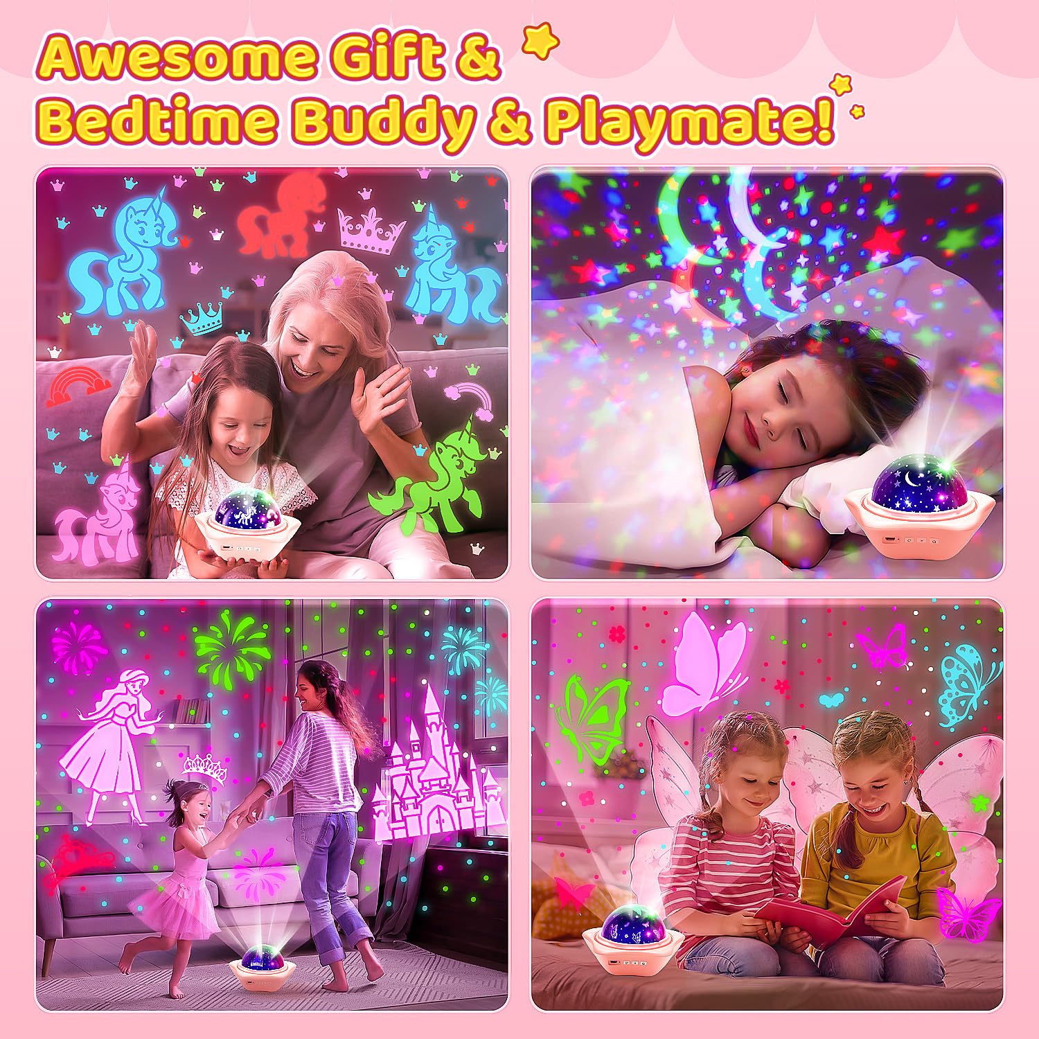 One Fire Unicorns Gifts for Girls Night Light Projector, 6 Films Unicorn Bedroom Decor for Girls, Rechargeable Unicorn Night Lig