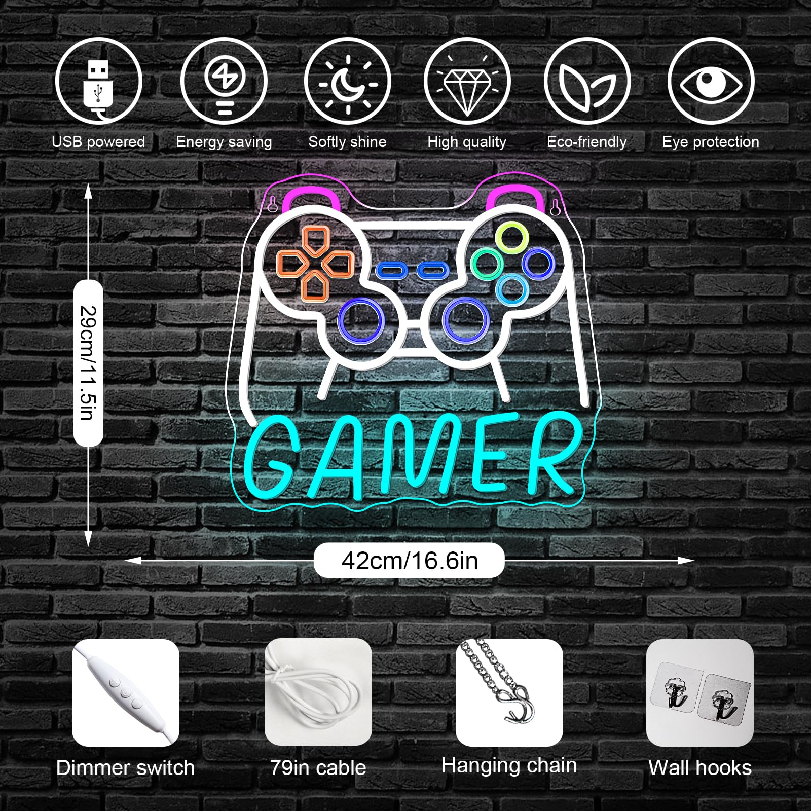 Horseneon Gamer Neon Sign Led Lights Wall Decor For Gaming Rooms Neon Signs  Esports Setups & Gamer Caves  Usb-Powered With Adjustable Brightness  Retro Arcade Lighting