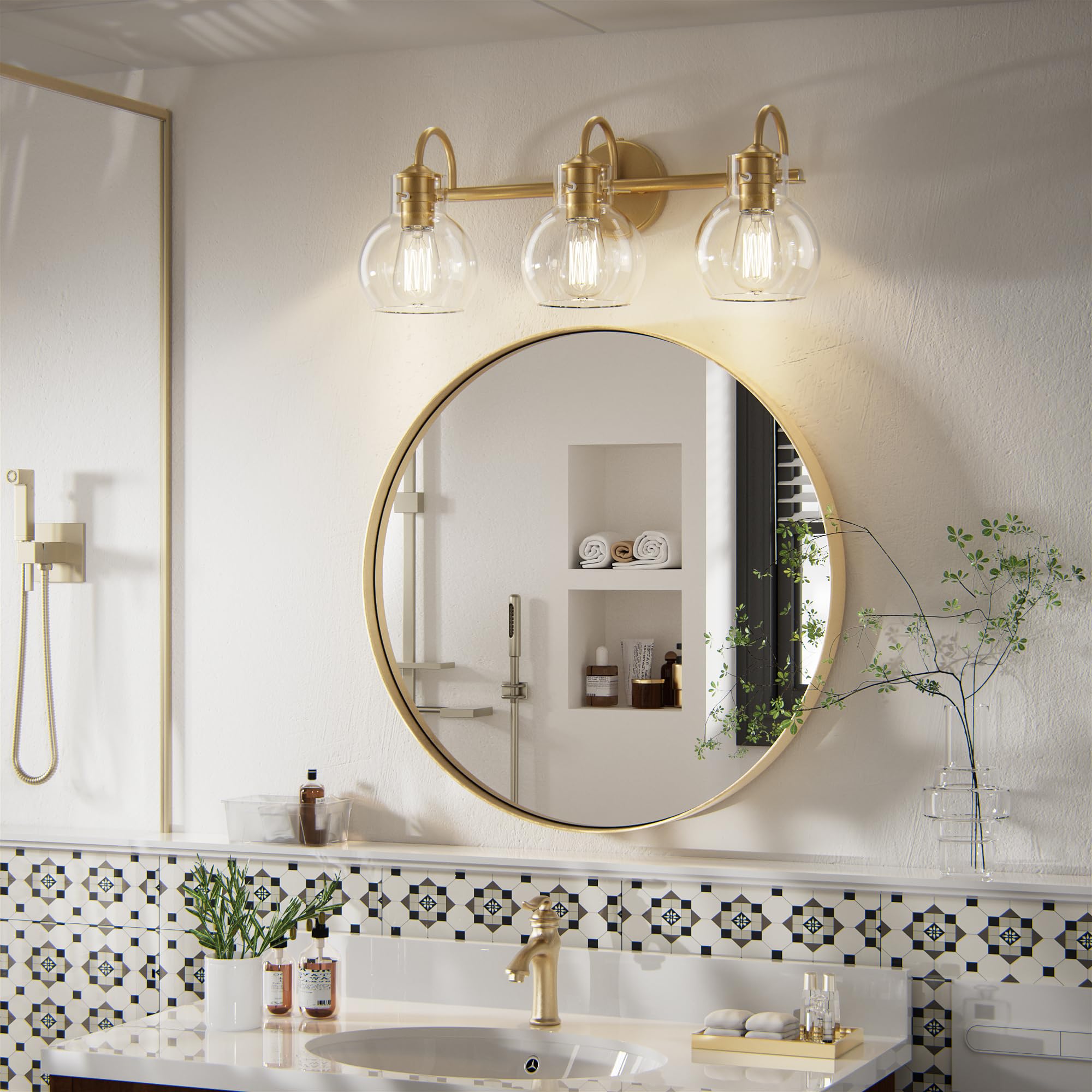 PRIMEPLUS Gold Vanity Light - 3 Light Bathroom Fixtures with Clear Globe Glass Shade, Model 2109-GD, Metal Sconces for Modern Decor
