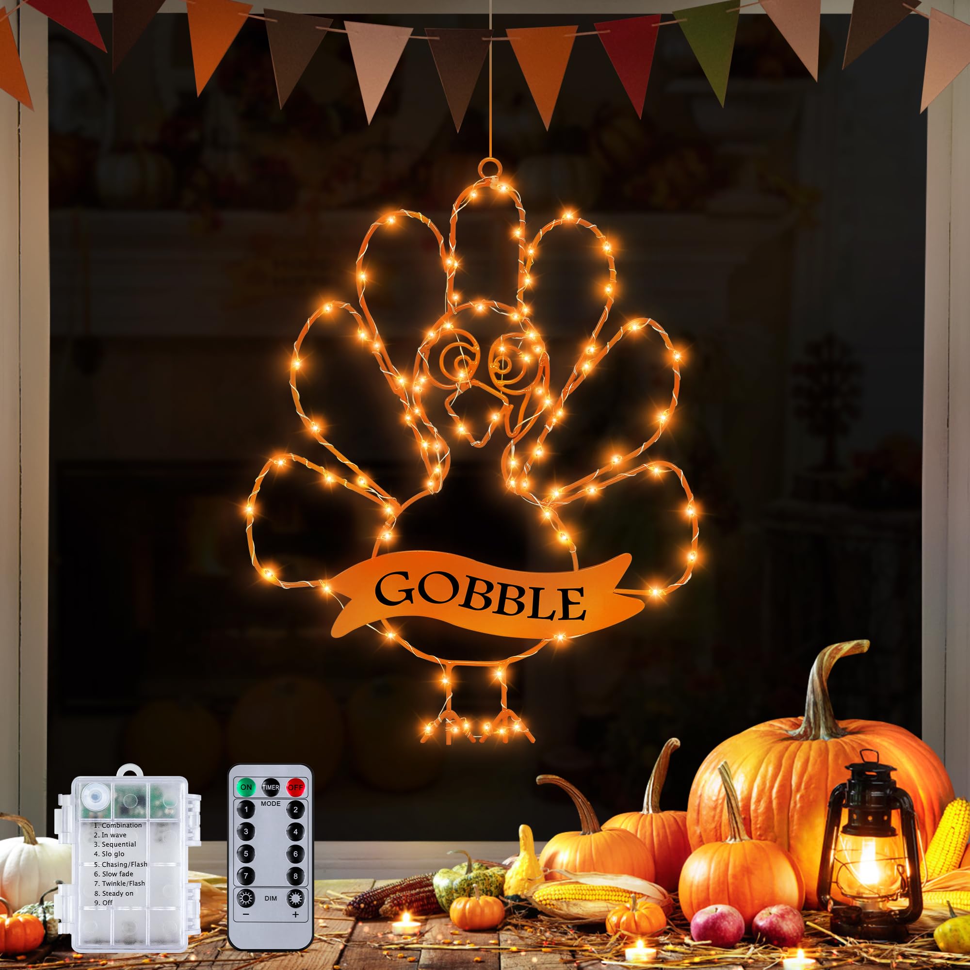[Timer & 8 Modes] Thanksgiving Turkey Decorations Window Lights, Thanksgiving Window Decorations Silhouette Lights Orange Batter