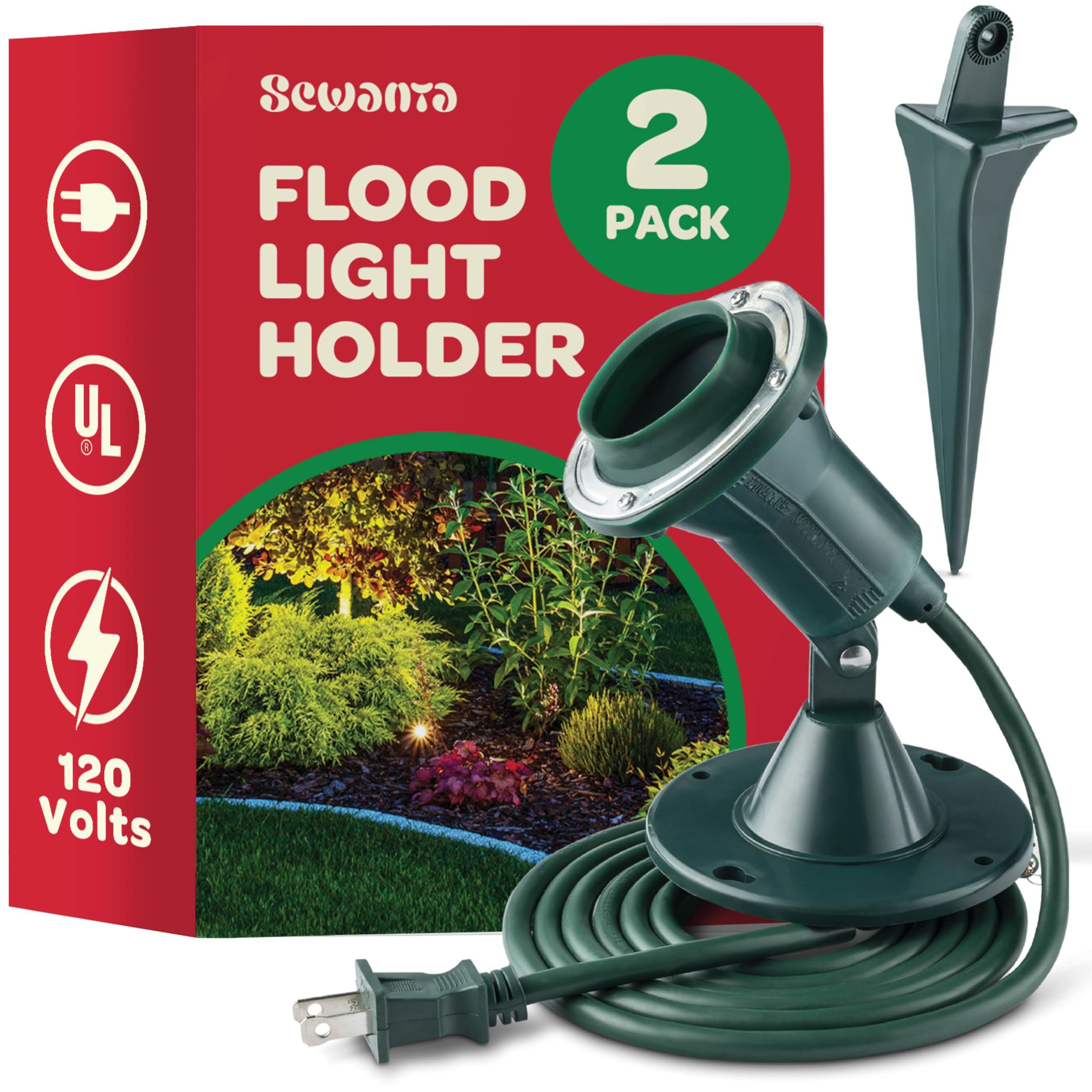 Sewanta Outdoor Flood Light Holder, 2-Pack With Stake & Wall Mount, Etl Listed, Green