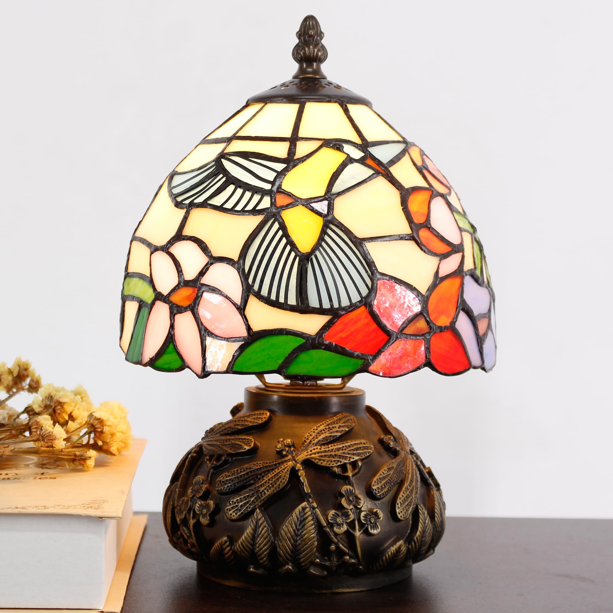 Small Tiffany Lamp Mini Stained Glass Table Lamp Hummingbird Style Mushroom Desk Light Memory Sympathy Lamp 8X11 Inch