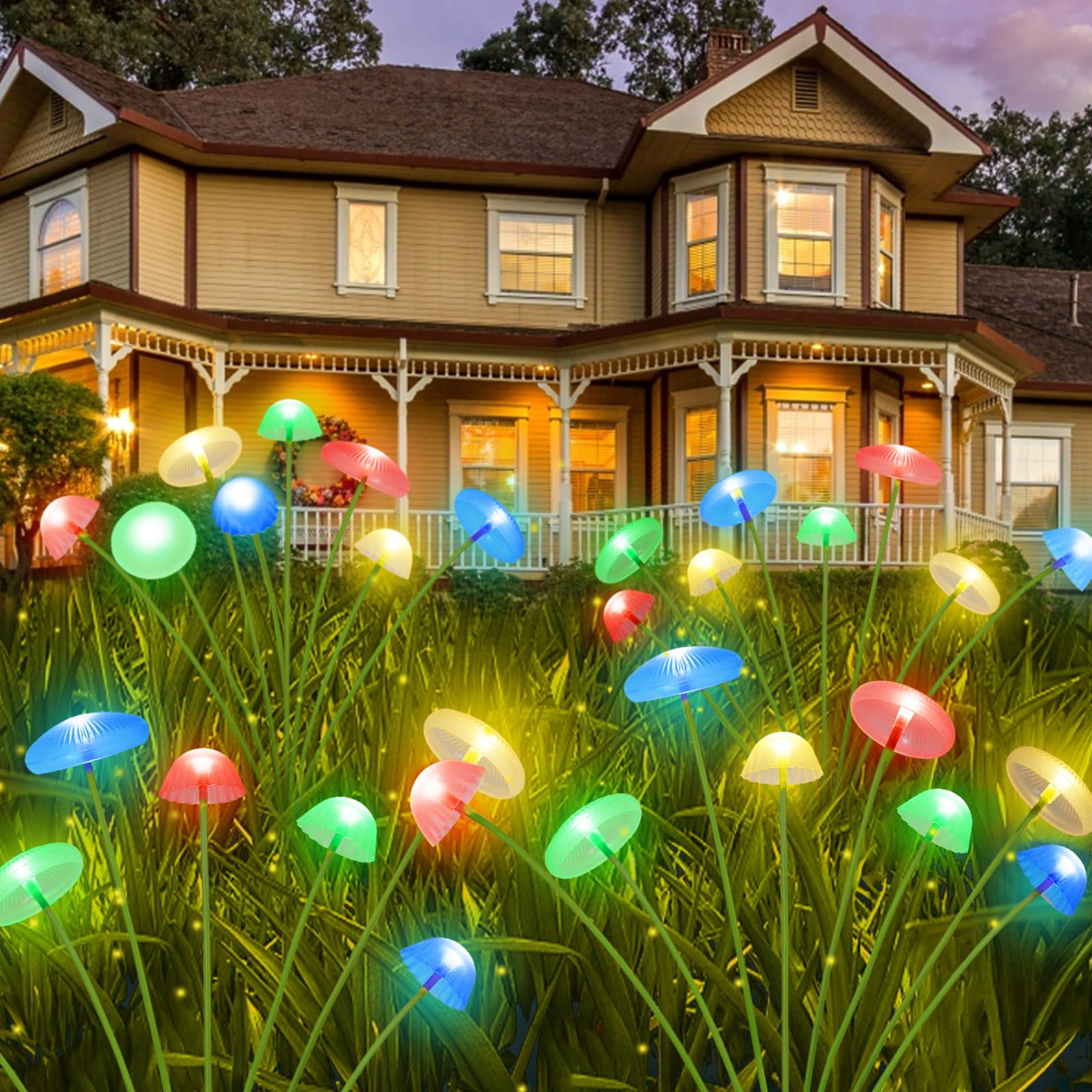4PK 32LED Solar Garden Lights Outdoor  Mushroom Solar Lights Outdoor  IP65 Waterproof Firefly Light Outside Decor for Patio Pathway  Sway by Wind for Pathway Garden Mushroom Decorations  Multicolor