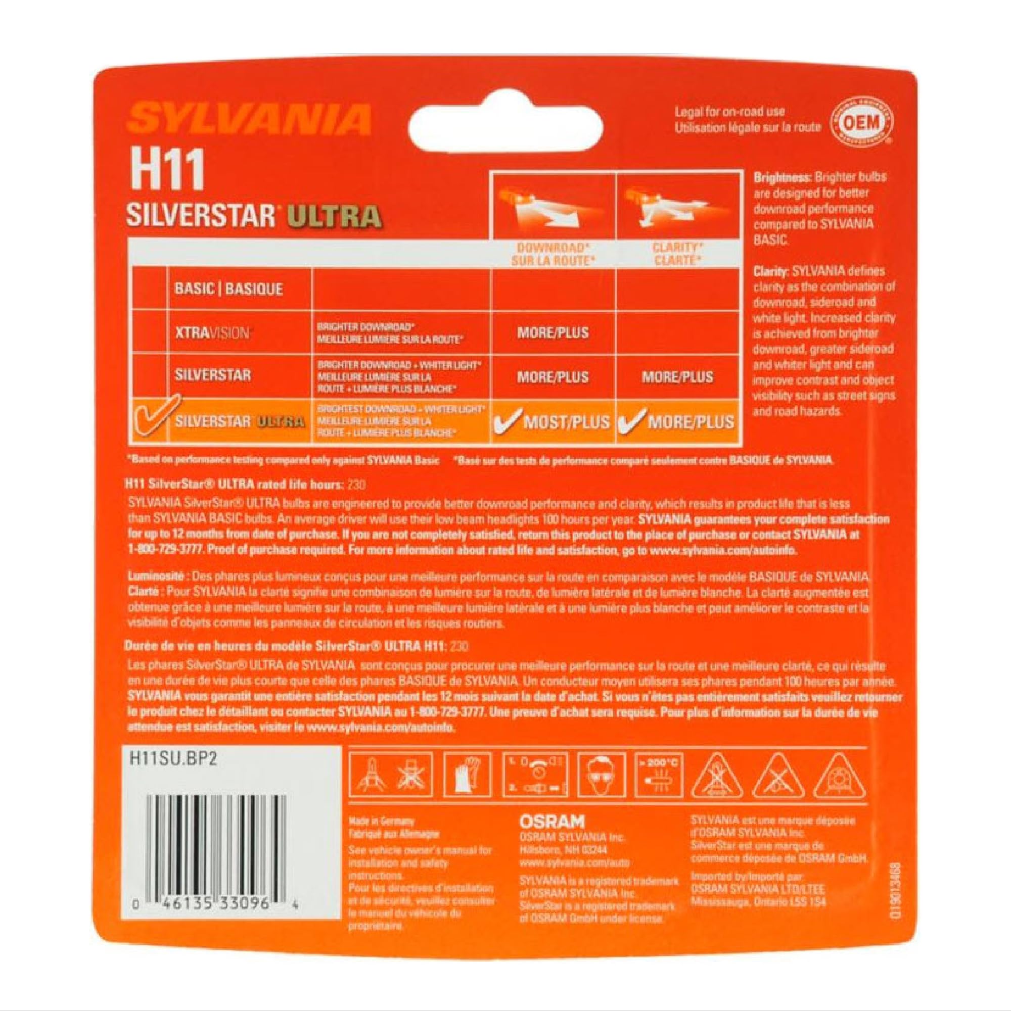 SYLVANIA H11 SilverStar Ultra Halogen Headlight Bulb - High Performance, 2 Pack, White, Model H11SU.BP2