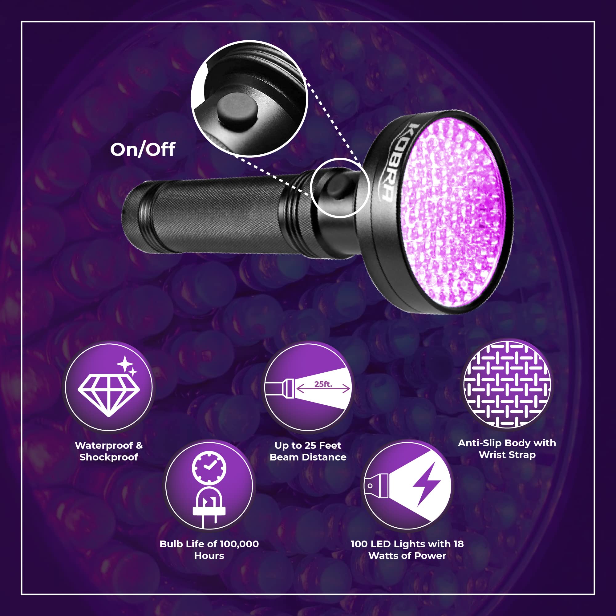 KOBRA Black 100 LED UV Flashlight - 18W Blacklight for Home Inspection, Pet Stains, and Counterfeit Detection