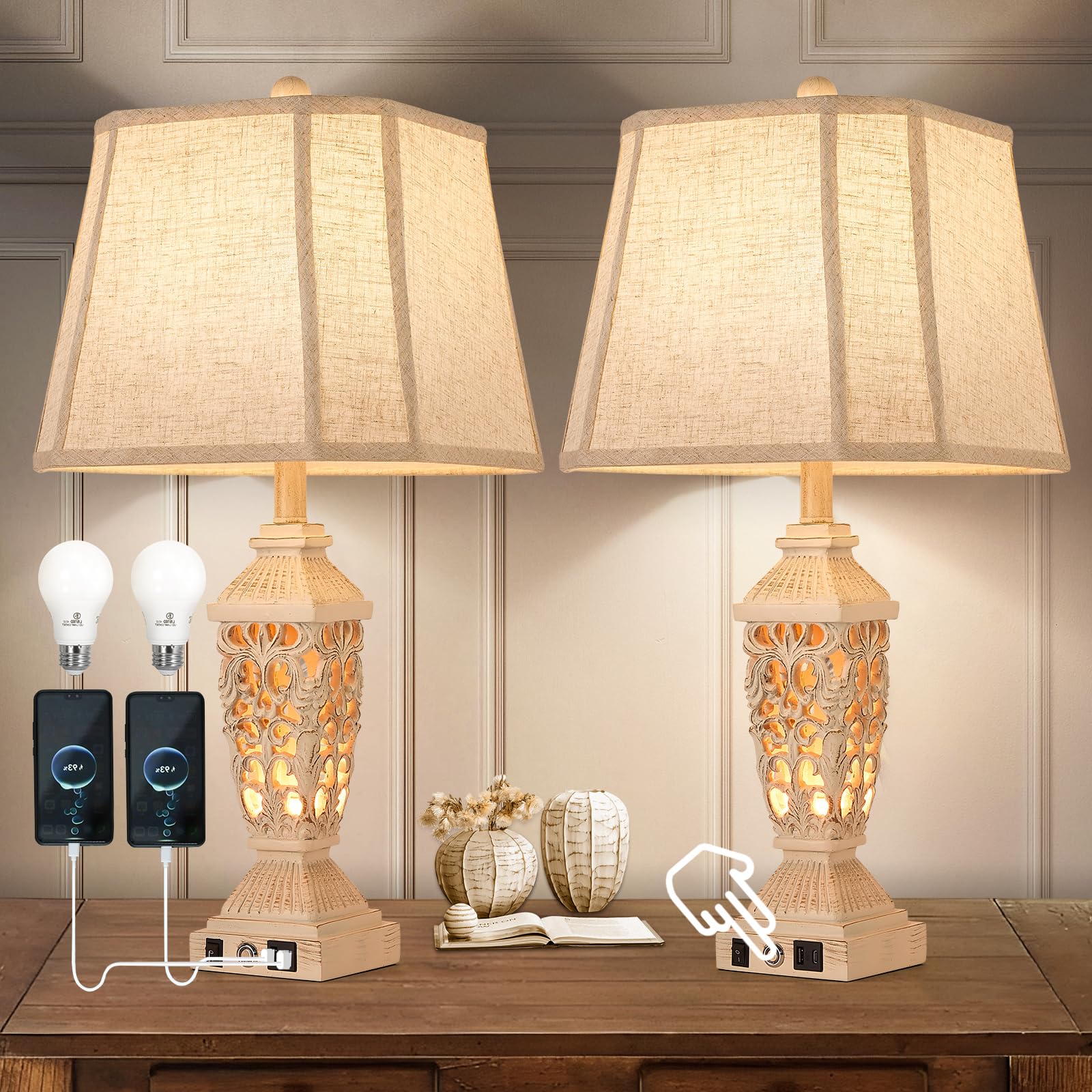 Aidenoey Farmhouses Table Lamp With Usb & Usb-C Charging Ports, 3-Color Dimmable & Stepless Bottom Dimming, Touch Control & Swit