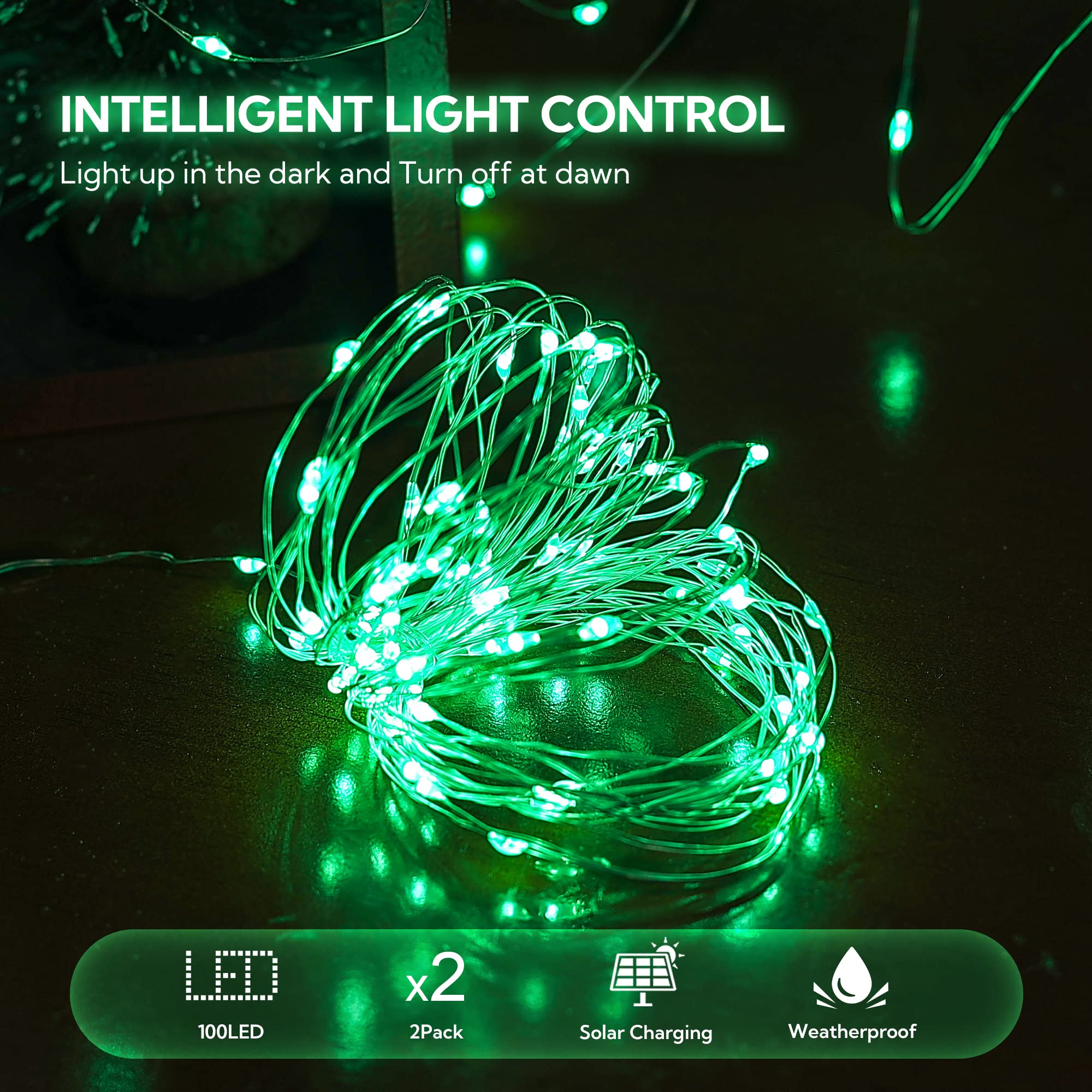 woohaha 100 LED Solar Green String Lights, 33ft Waterproof Fairy Lights for Outdoor Decor, 2 Pack