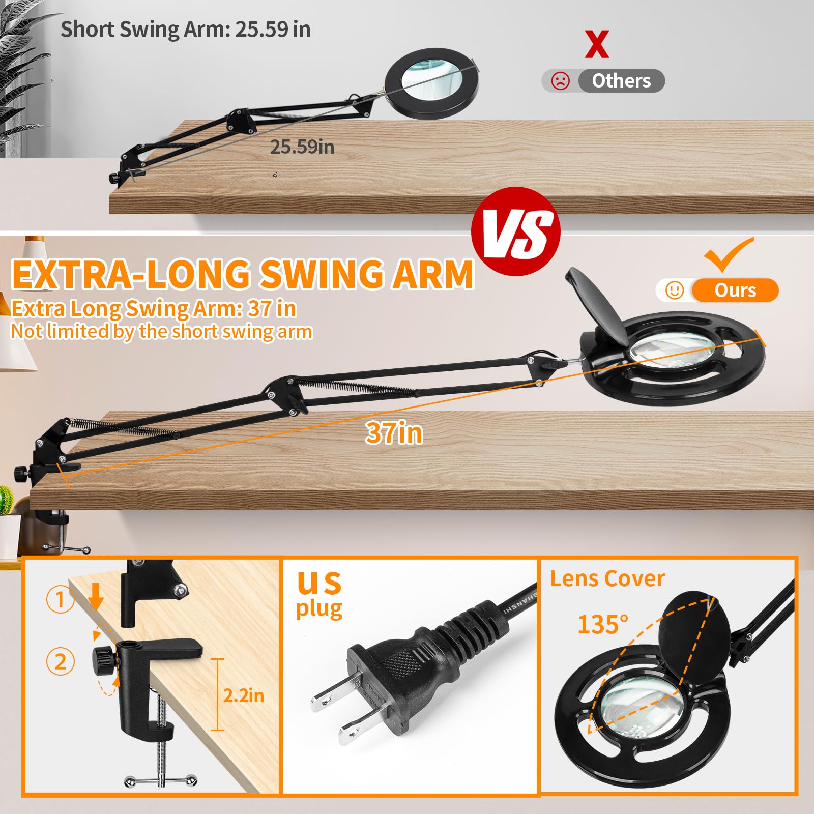 HITTI 10X Long Magnifying Glass with Light, Dimmable LED, Adjustable Arm, Black, Model 208-Black-10x