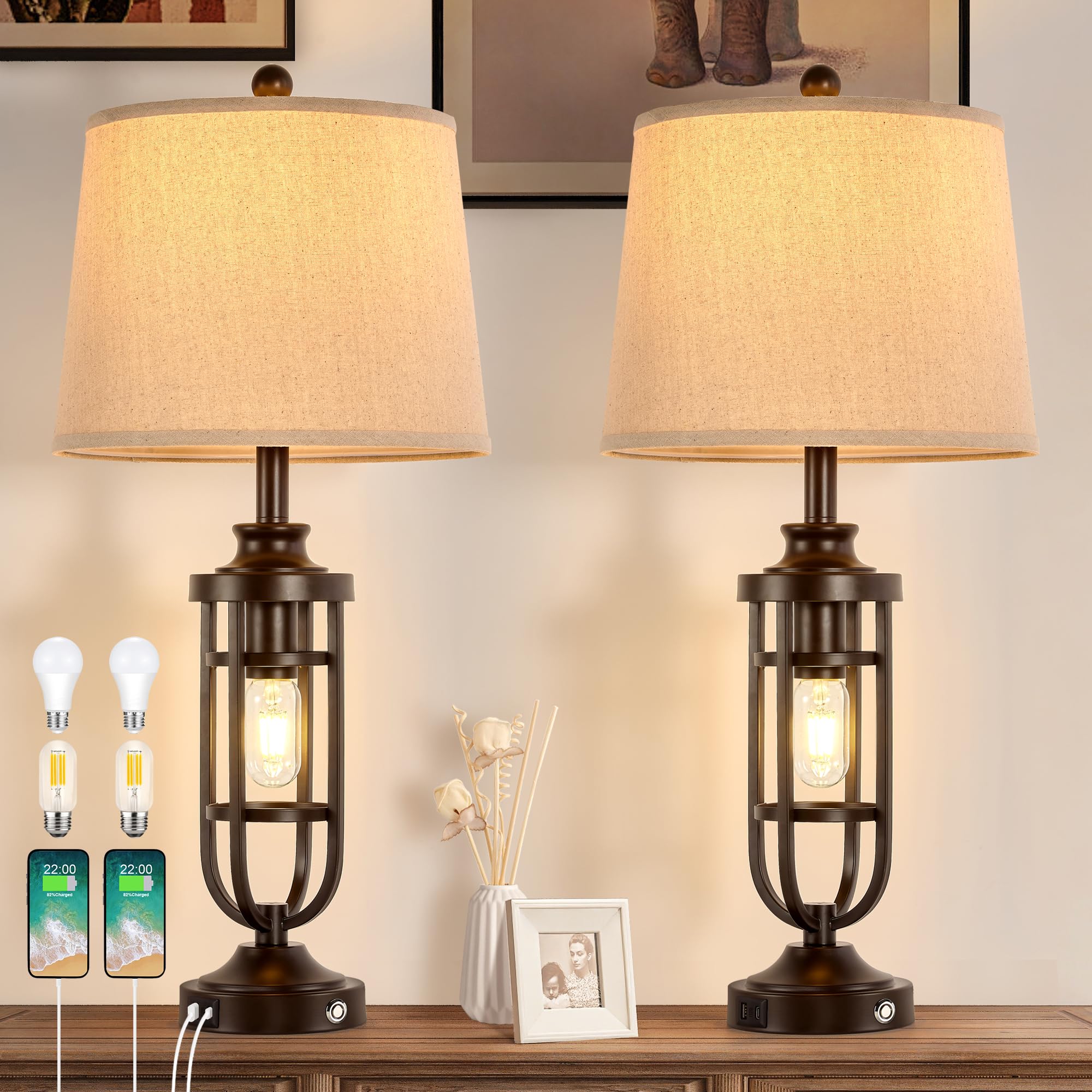 SRJJRS 28.8'' Farmhouse Table Lamps for Living Room Set of 2, 3-Way Dimmable Touch Lamps with USB Ports, Rustic Nightstand Lamps