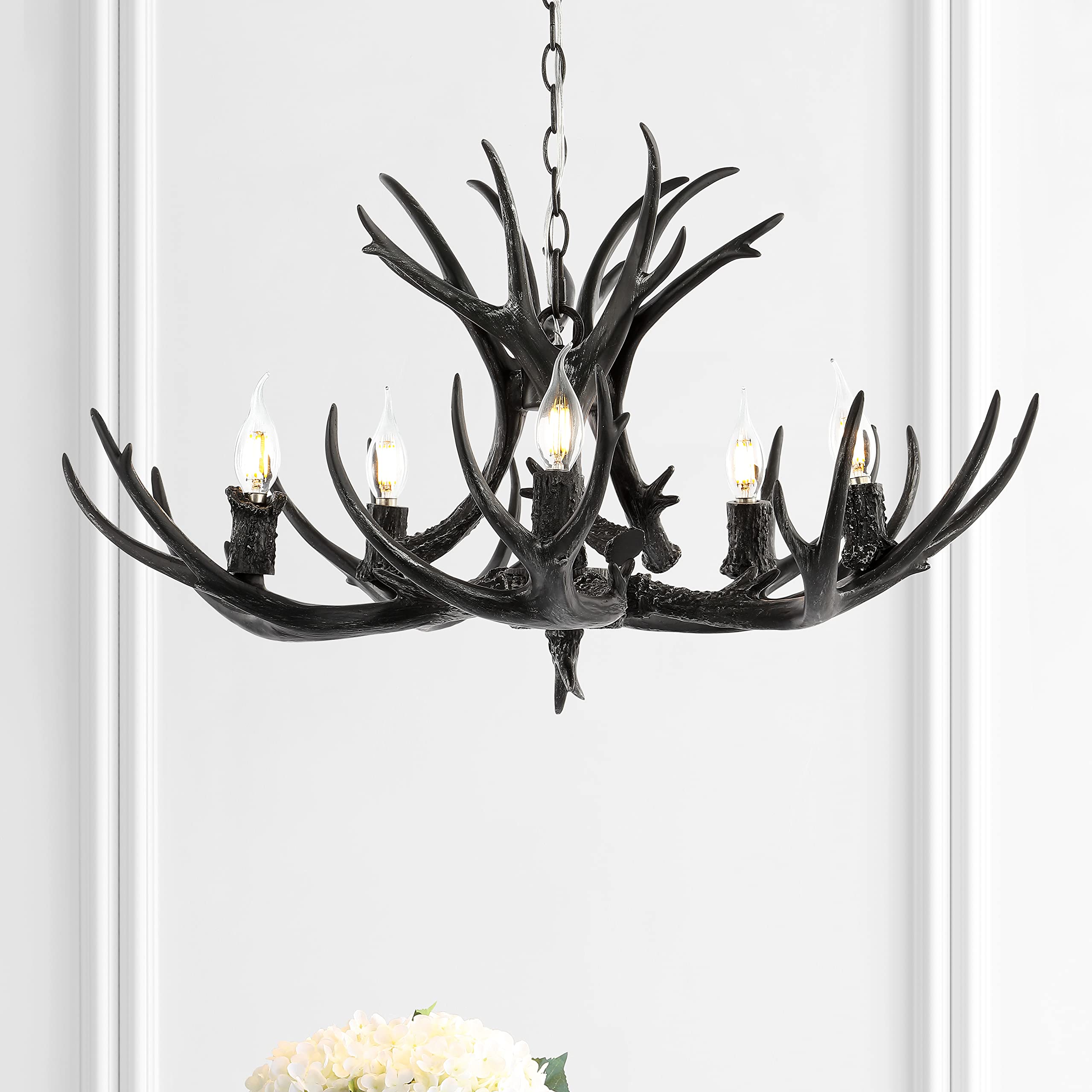 JONATHAN Y Eldora 30" Adjustable 5-Light LED Chandelier, Black Resin, Dimmable, Glam Rustic Transitional Lighting for Dining Room, Living Room, Kitchen