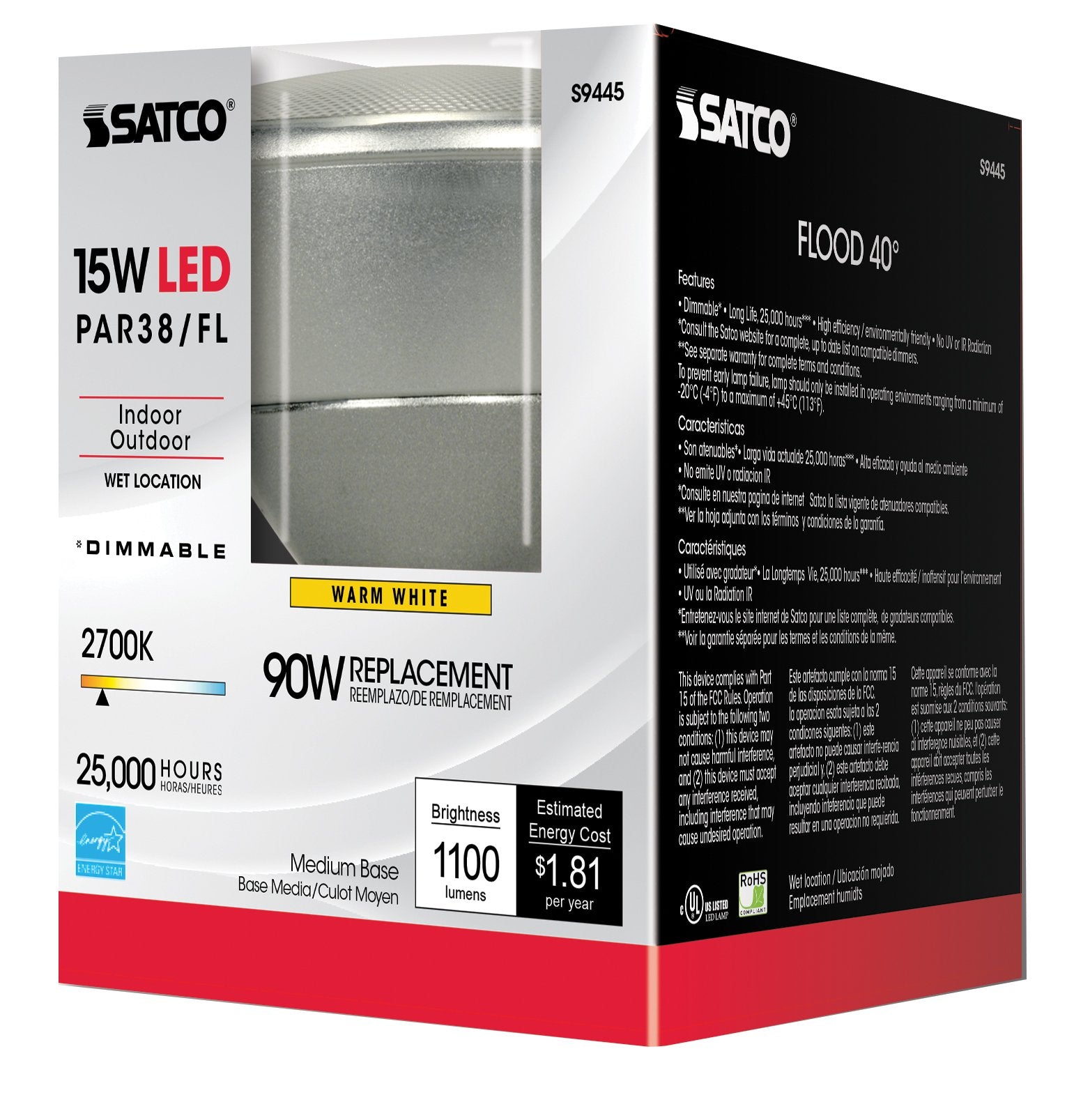Satco S9445 Par38 Led 2700K 40' Beam Spread Medium Base Light Bulb, 15W