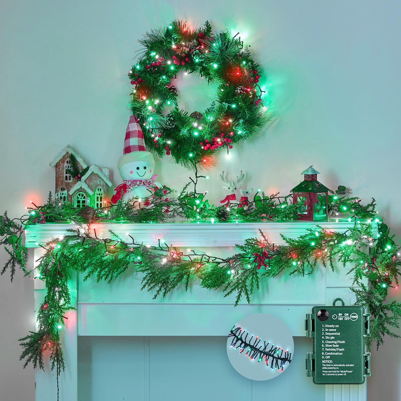 Brightown Christmas Cluster Lights Battery Operated Outdoor, 10Ft 120 LED Christmas Tree Lights Firecracker String Lights Waterproof Twinkle Lights for Indoor Xmas Tree Decorations, Red Green & White