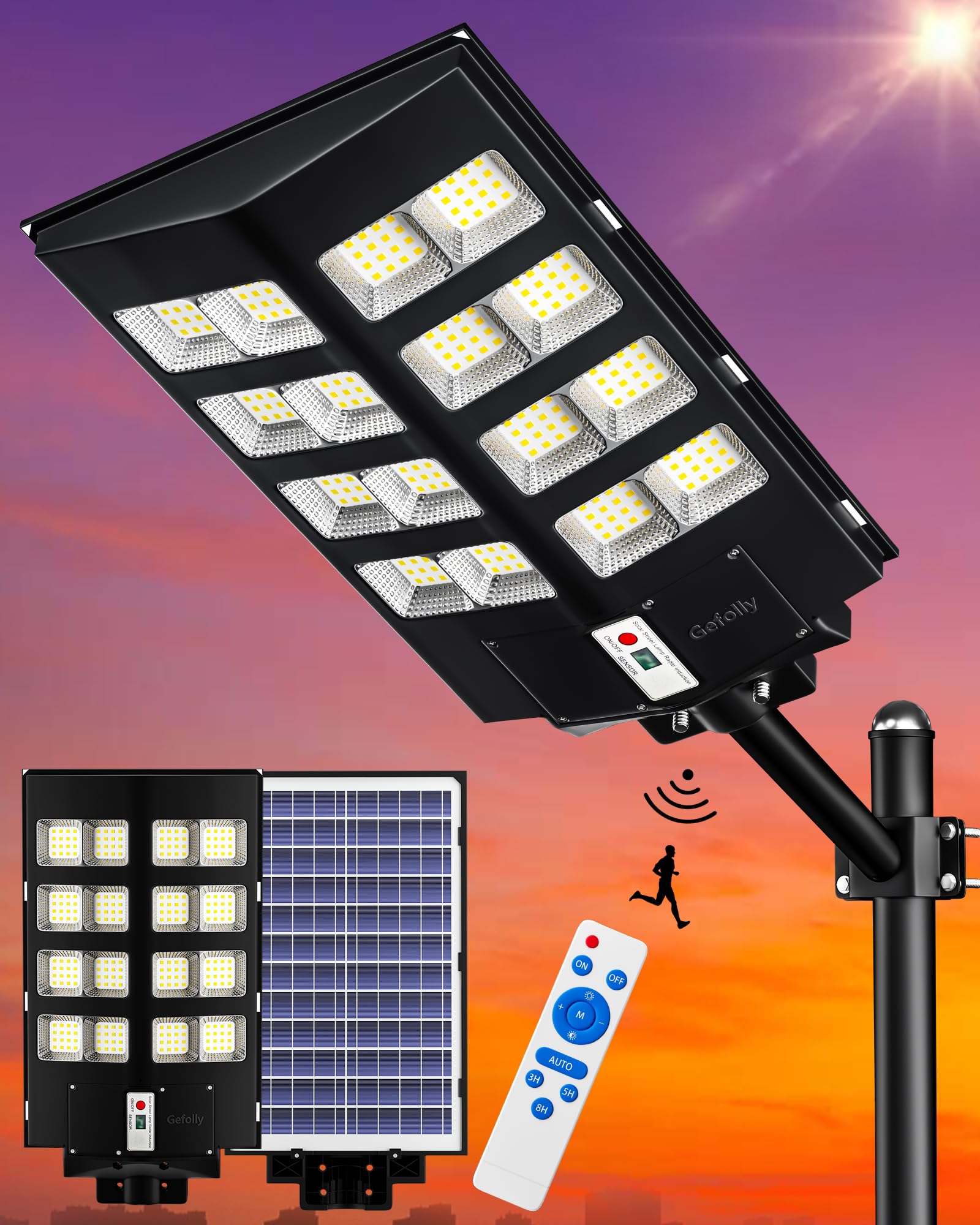 Gefolly Solar Street Light SL-2800W, 280000LM Dusk to Dawn, Motion Sensor, Black, Aluminum, 1000W