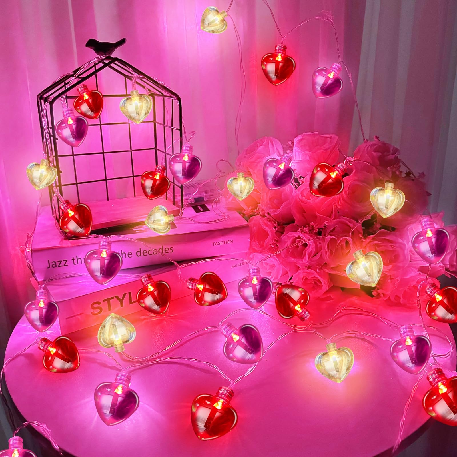 8 Modes & Remote Control - 2 Pack Valentine's Day Lights Decorations Total 16.4 Ft 40 LEDs Red Pink White Heart String Lights Ti
