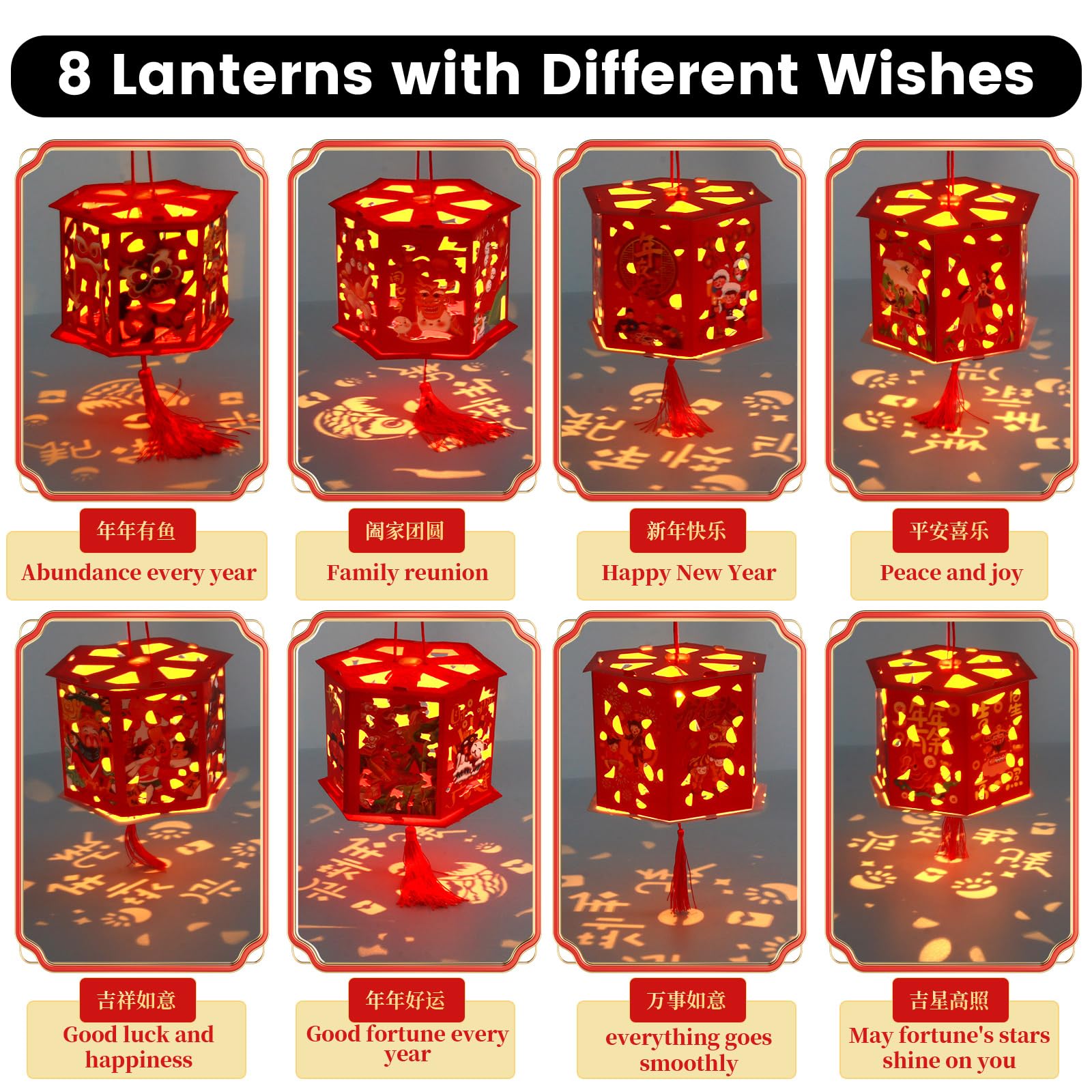 DUNCHATY 8pcs Lunar Chinese New Year Lanterns - Red Paper Lucky Lanterns for Kids - Model 3-RED-LED59-8P-7-CNY-LANTERN