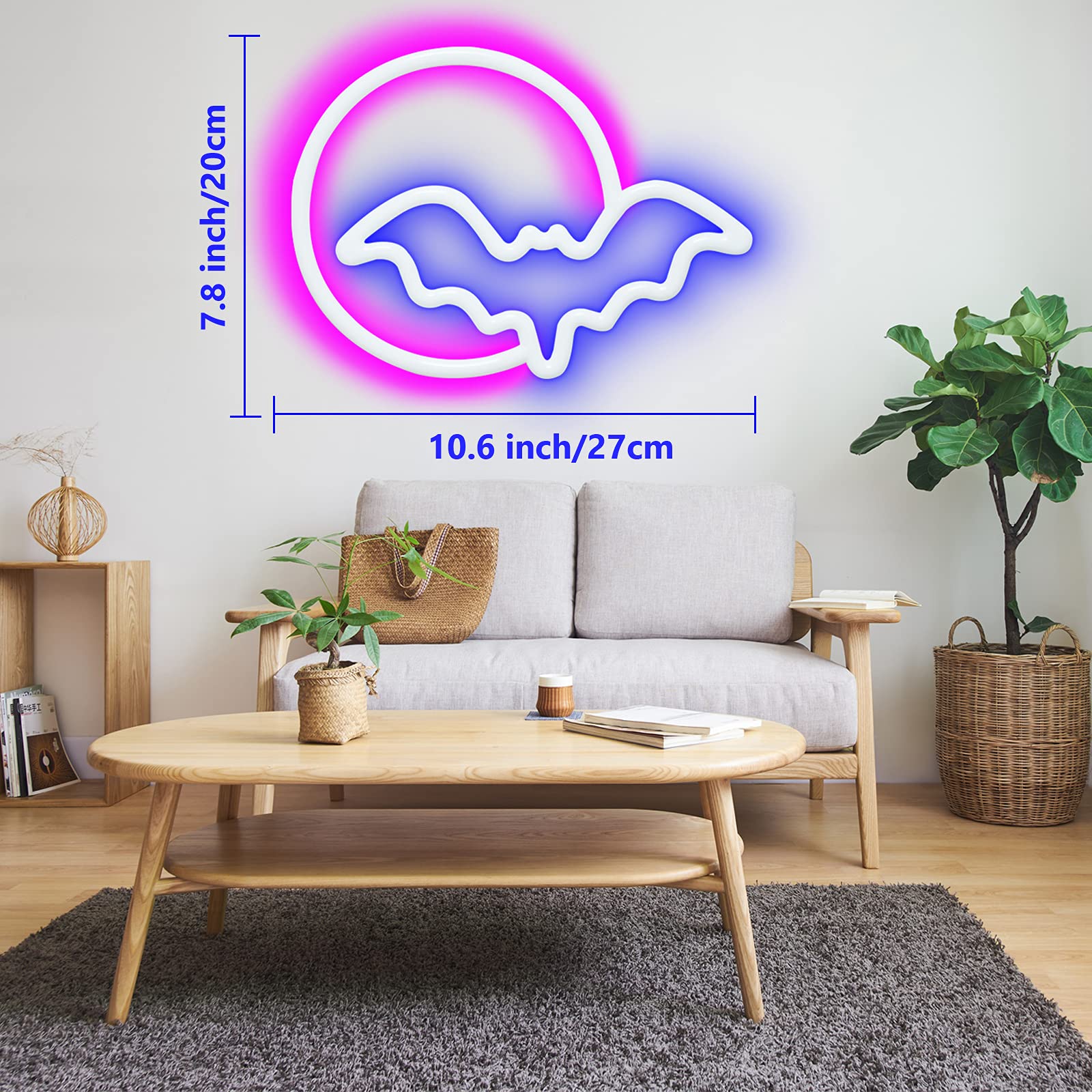Semetor Moon & Bat Led Neon Sign - Pink & Blue Usb/Battery Powered Wall Decor For Kids, Parties, Events