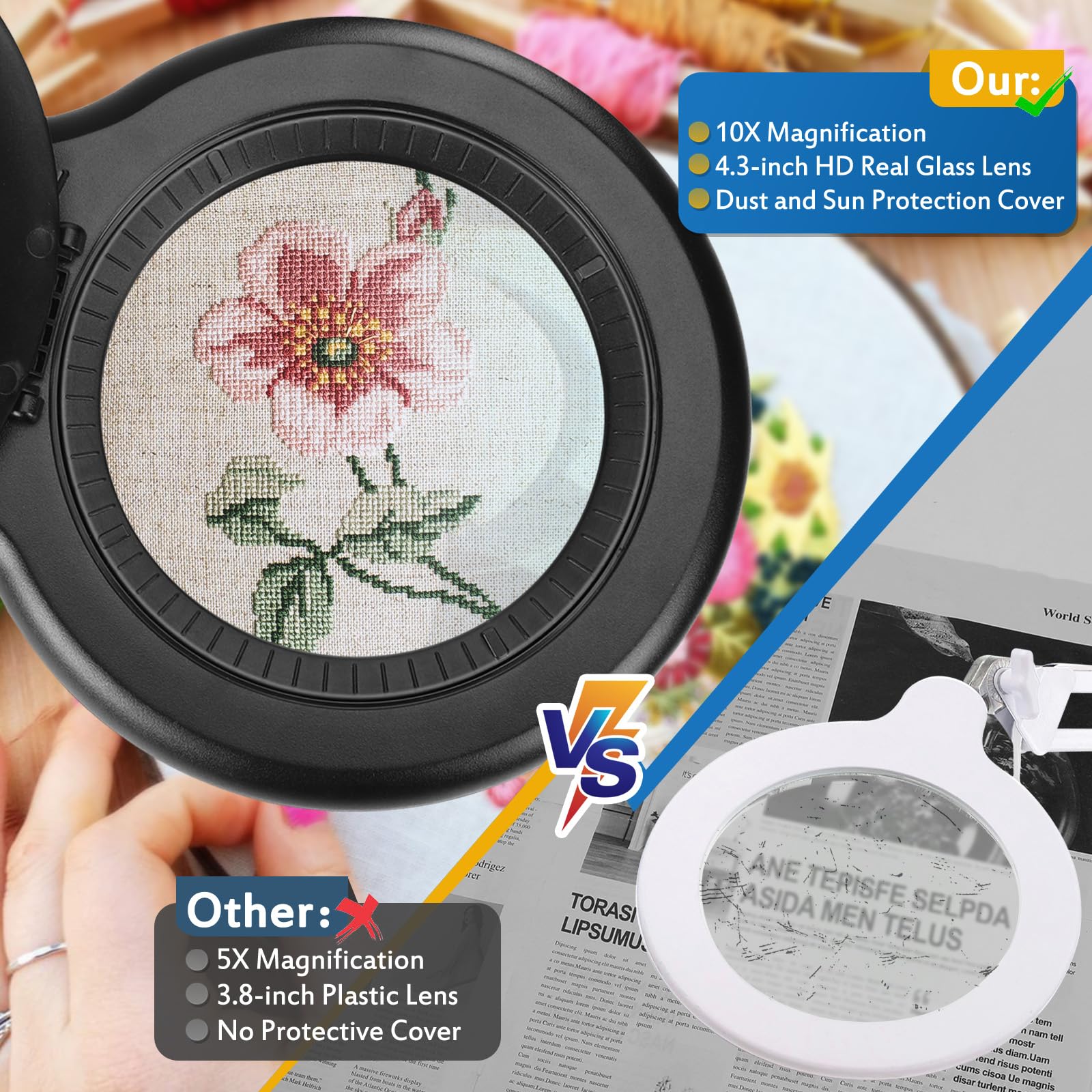 10X Large Magnifying Glass With Light And Stand, 2200 Lumens Stepless Dimmable Lighted Magnifier, Real Glass Lens Desk Lamp With