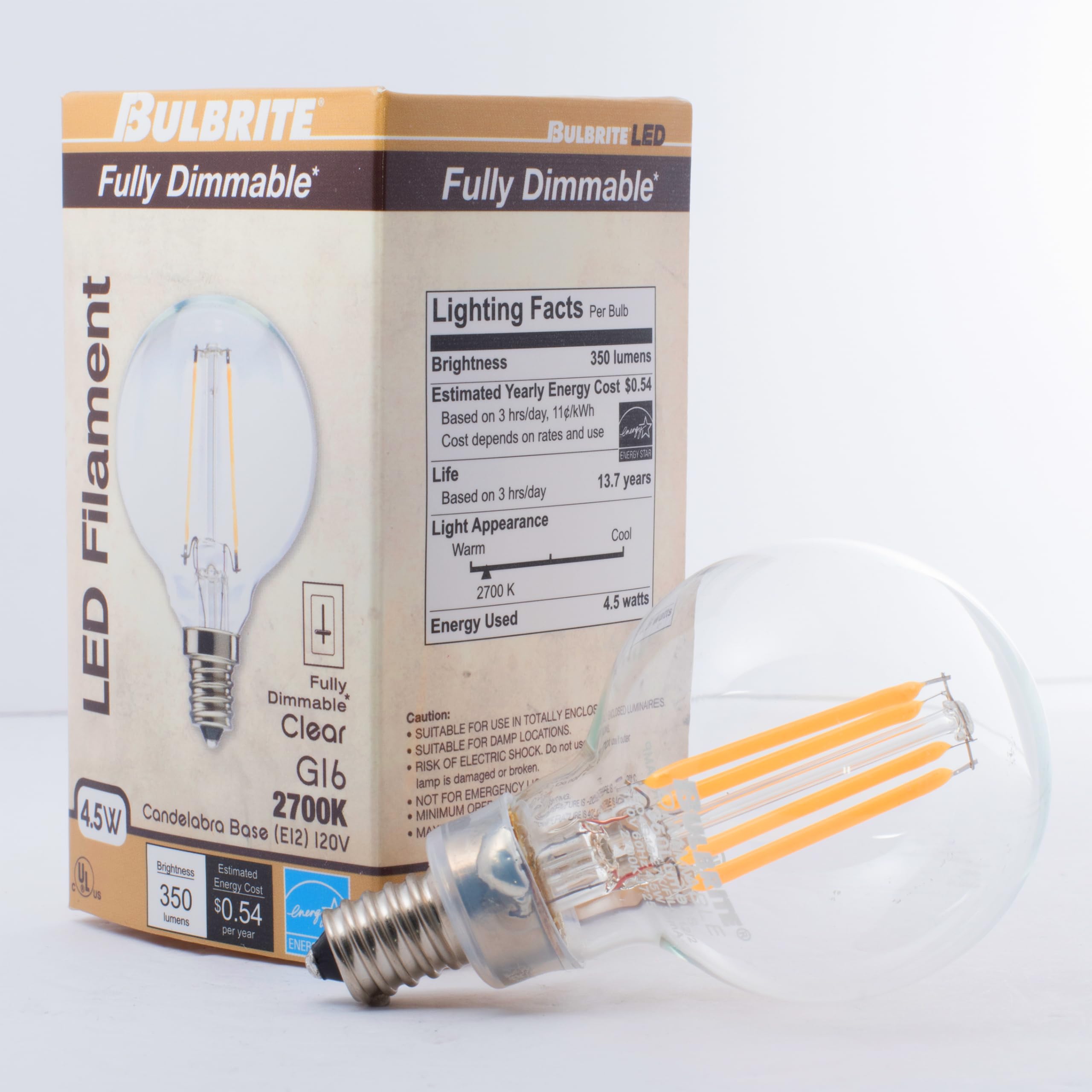 Bulbrite 4W LED G16 Decorative Globe Light Bulb, Clear Glass, E12 Base, 2700K, 4 Pack, Model 776873