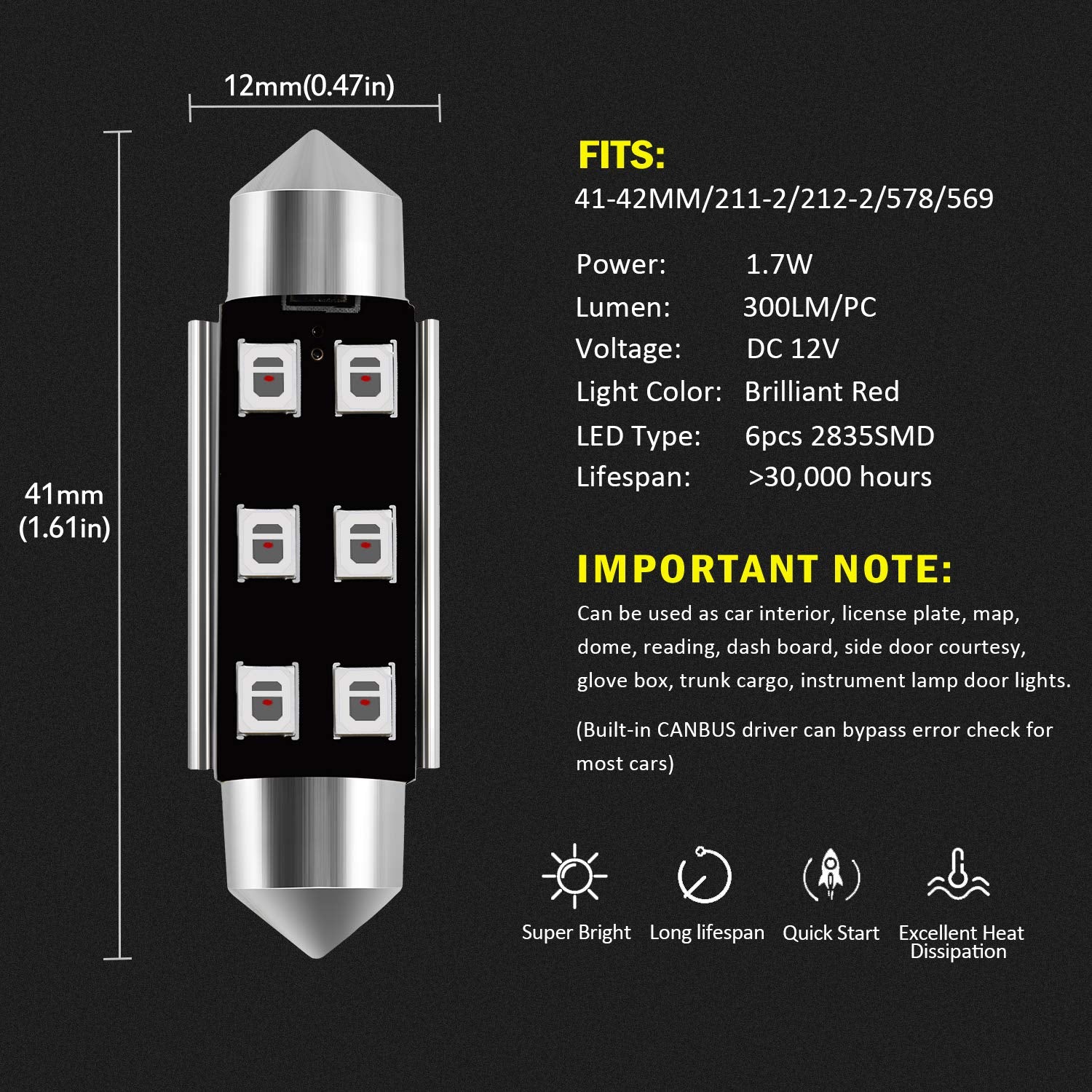 Auxlight 211-2 212-2 578 569 214-2 41Mm 1.61”Festoon Canbus Error Free Led Interior Light Bulbs Brilliant Red, Super Bright 6Smd Chips For Dome Map Door Courtesy License Plate Lights (Pack Of 6)