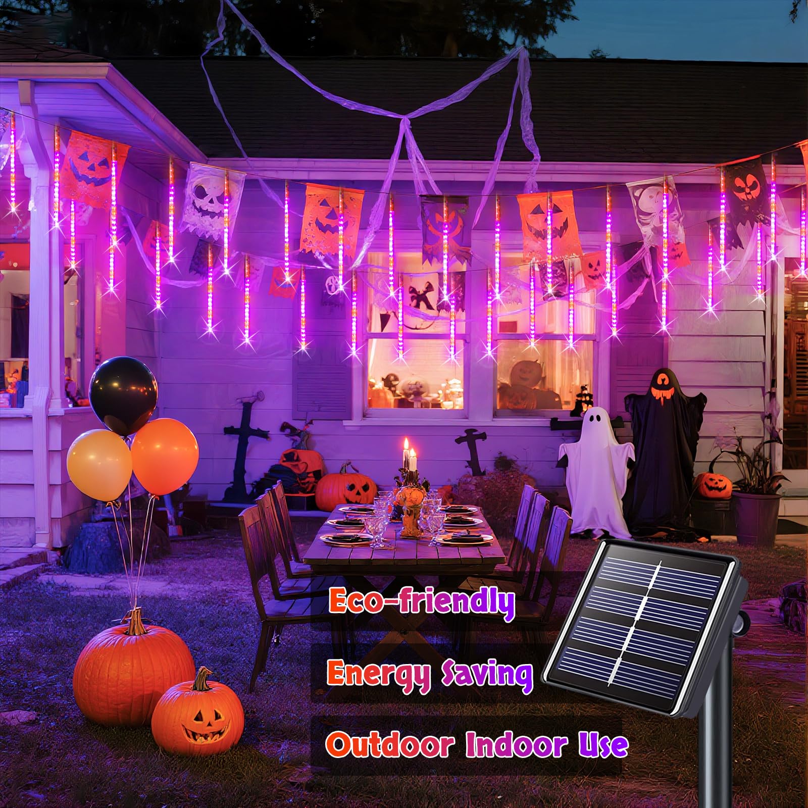 JMEXSUSS Solar Meteor Shower Lights - 8 Tube, 144 LEDs, Orange & Purple, PVC for Halloween & Christmas Outdoor Decoration